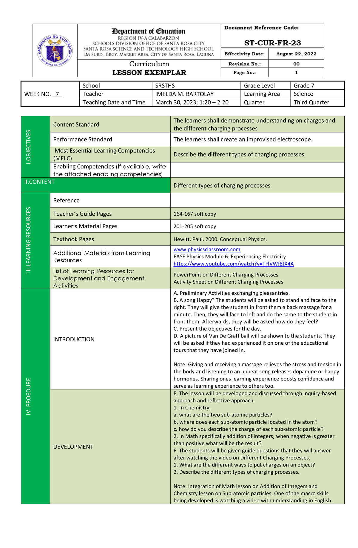 CO1 Science 7 Electrostatics - WEEK NO. _ 7 _ School SRSTHS Grade Level ...