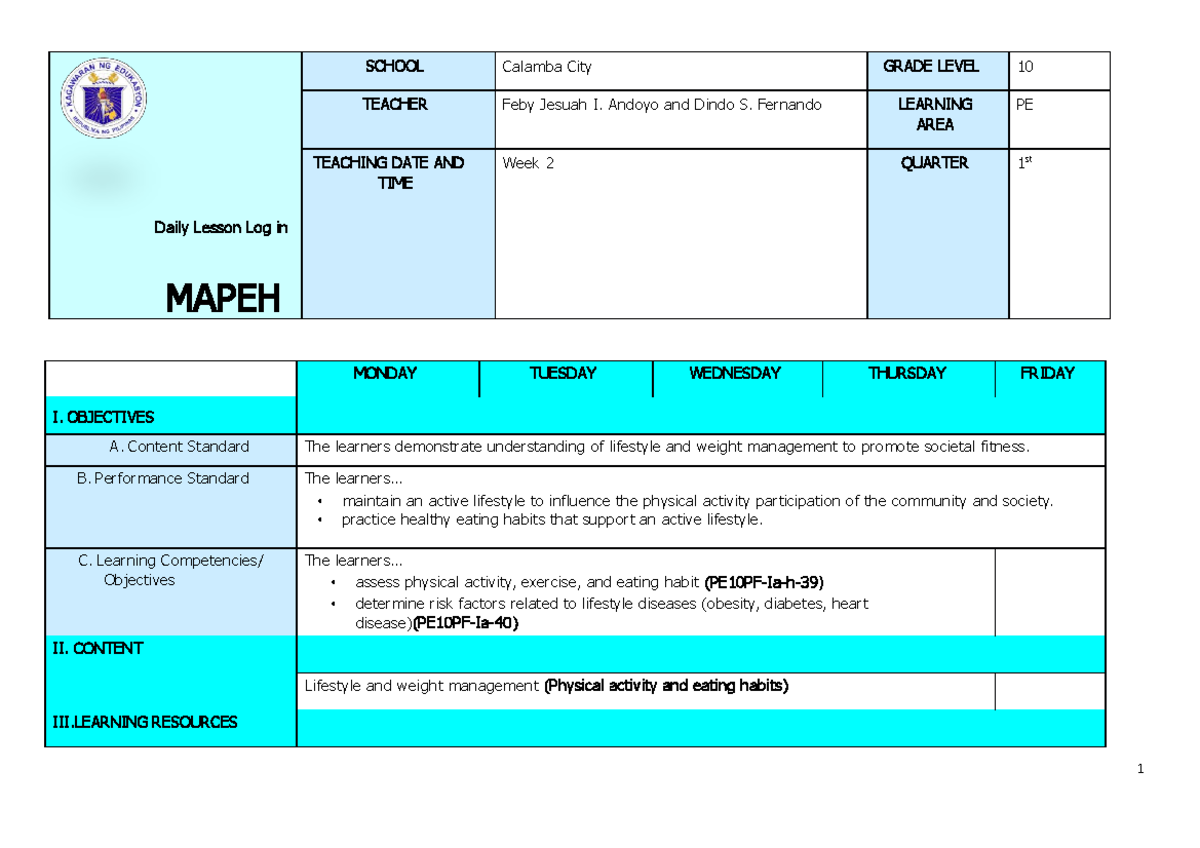 Q1 Grade 10 PE DLL Week 1 - Needed - Daily Lesson Log In MAPEH SCHOOL ...