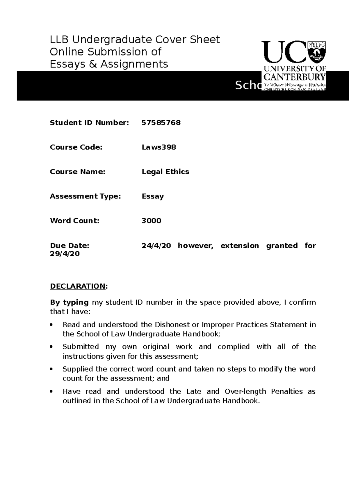 Laws398 Legal Ethics Essay LLB Undergraduate Cover Sheet Online