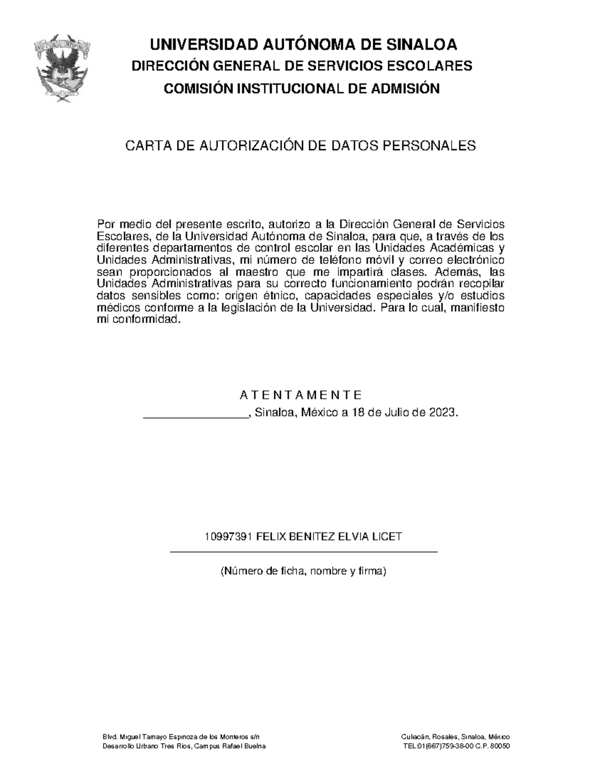 Carta Autorizacion 10997391 - Por medio del presente escrito, autorizo ...