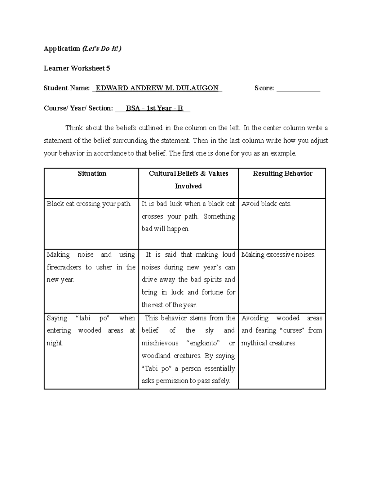 Learner Worksheet 5 - Application (Let’s Do It!) Learner Worksheet 5 ...