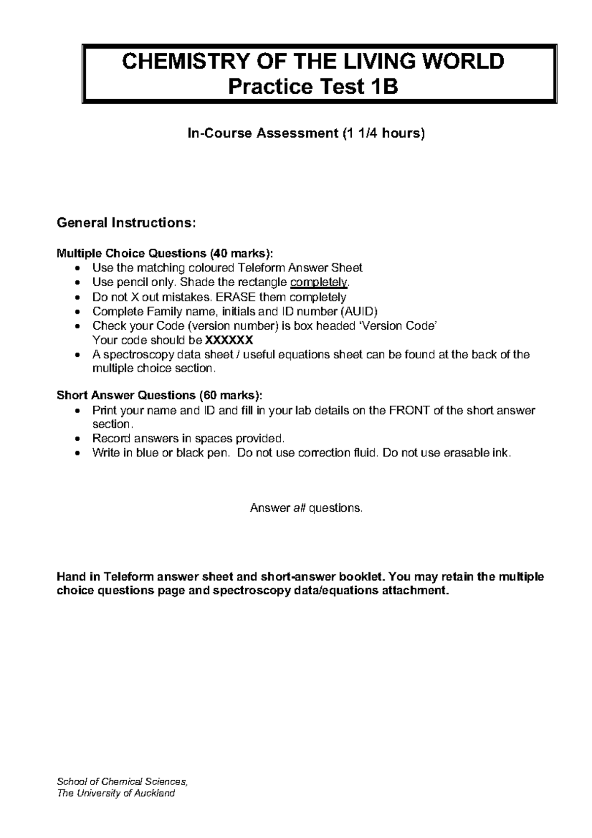 CHEM110 Practice Test 1B - CHEMISTRY OF THE LIVING WORLD Practice Test ...