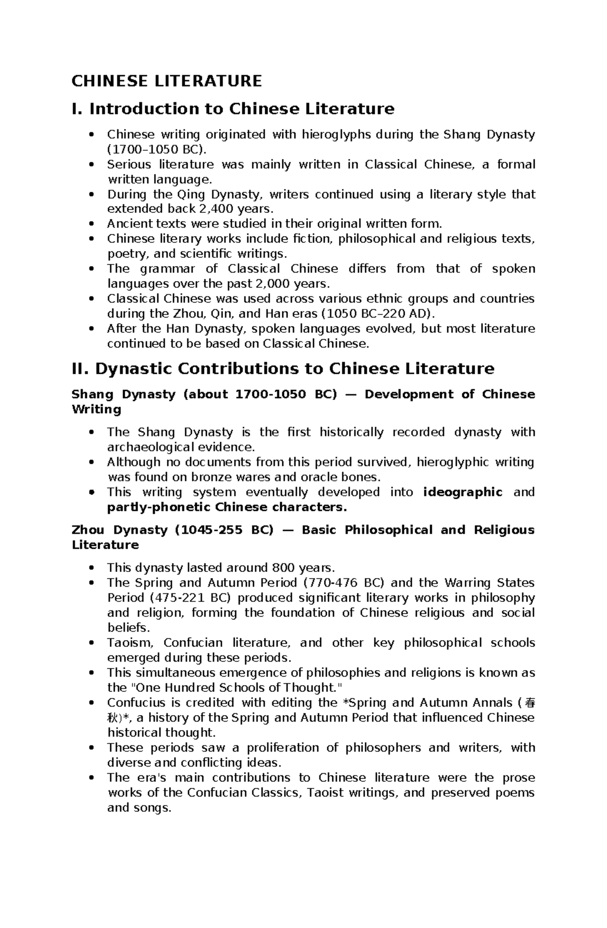 Outline Report - CHINESE LITERATURE I. Introduction to Chinese ...
