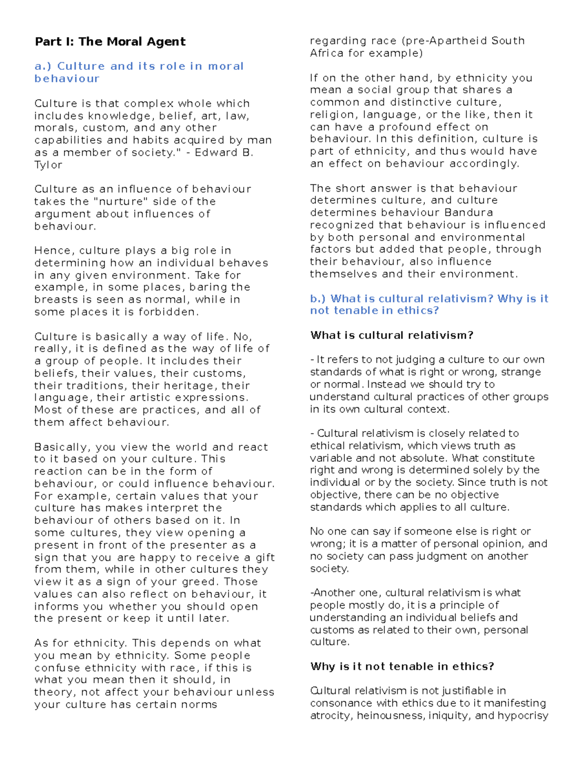 Part 1 The Moral Agent - Part I: The Moral Agent a.) Culture and its ...