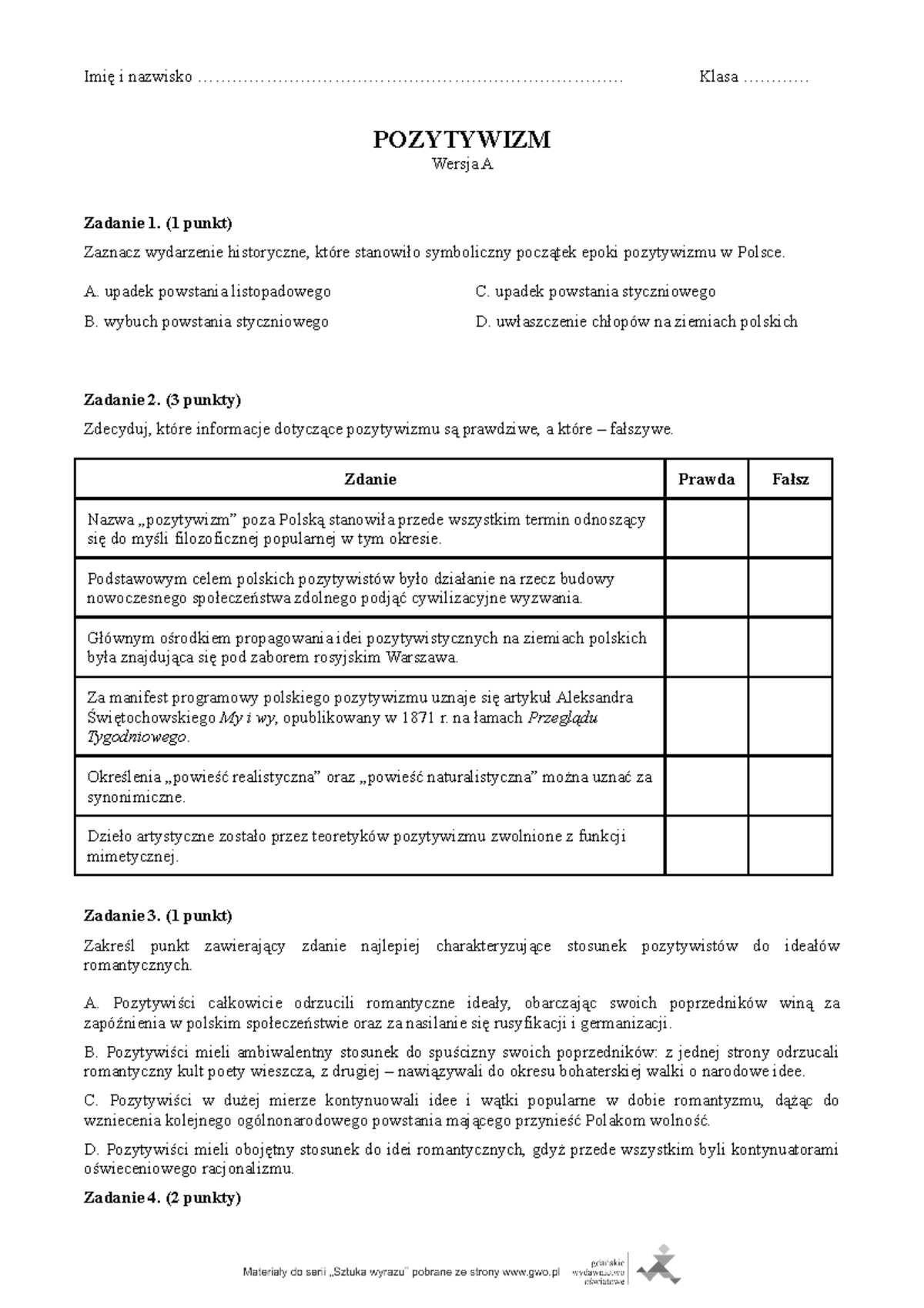 Sprawdzian Z Pozytywizmu Wersja A