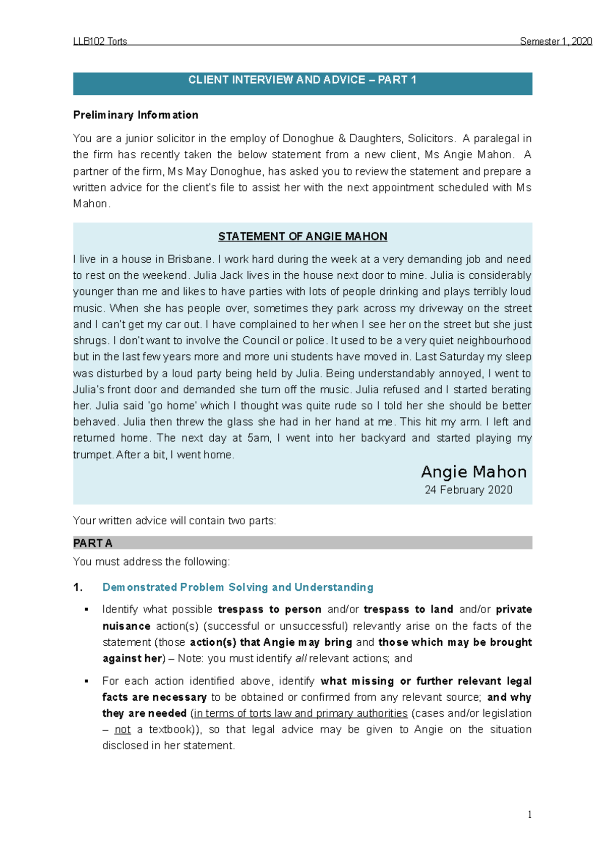 Client interview and advice part 1 first semester 2020 - CLIENT ...