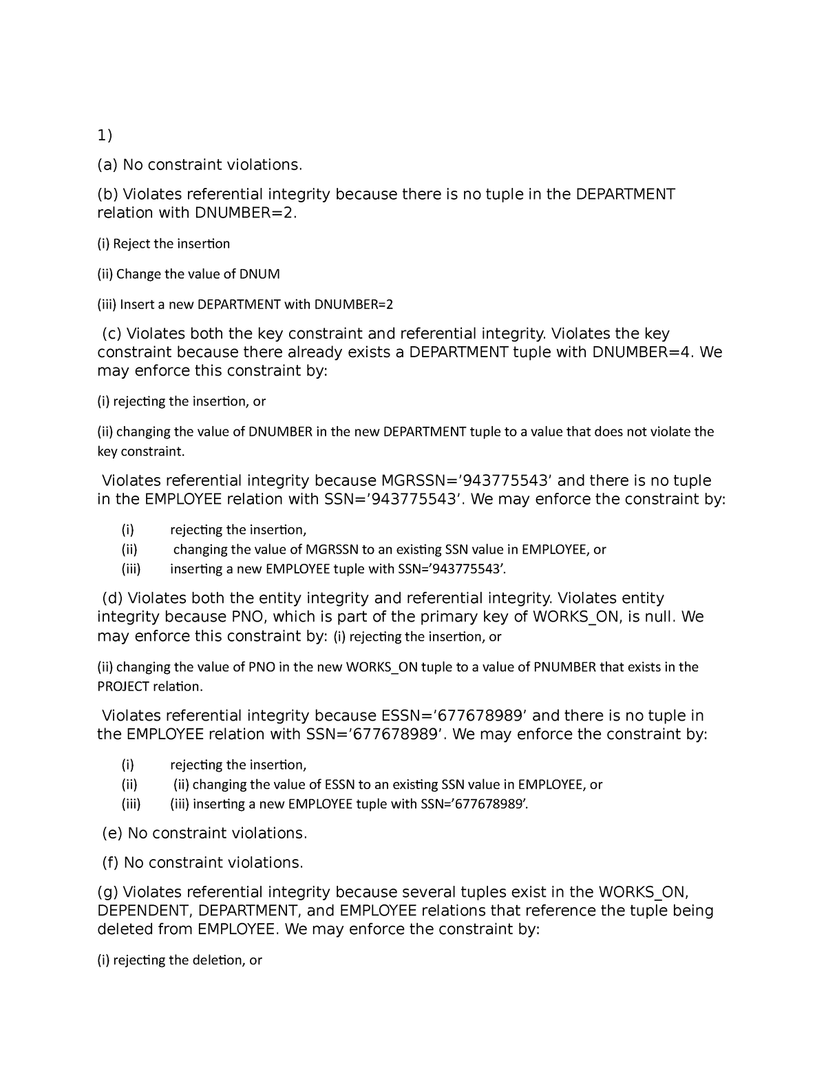 Assignment - 1) (a) No Constraint Violations. (b) Violates Referential ...