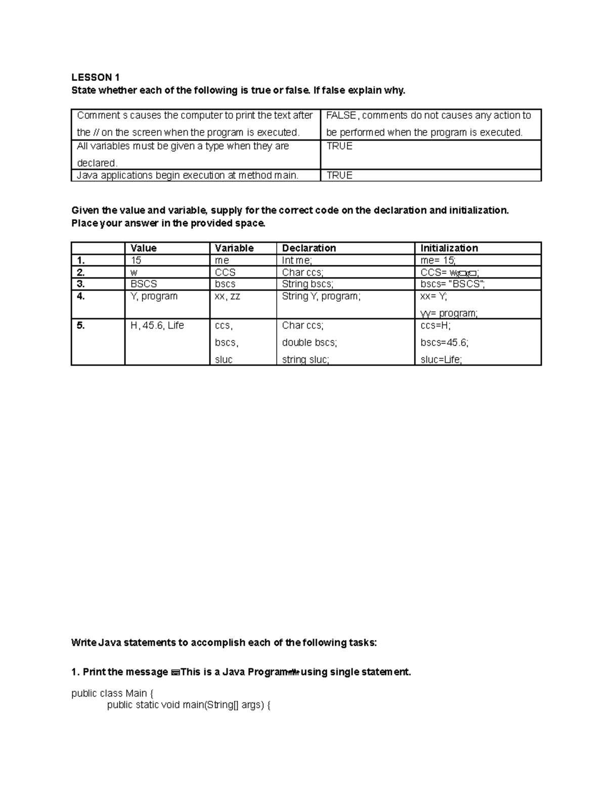 M1.L1 - MODULE 1 LESSON 1 OOP - LESSON 1 State whether each of the ...