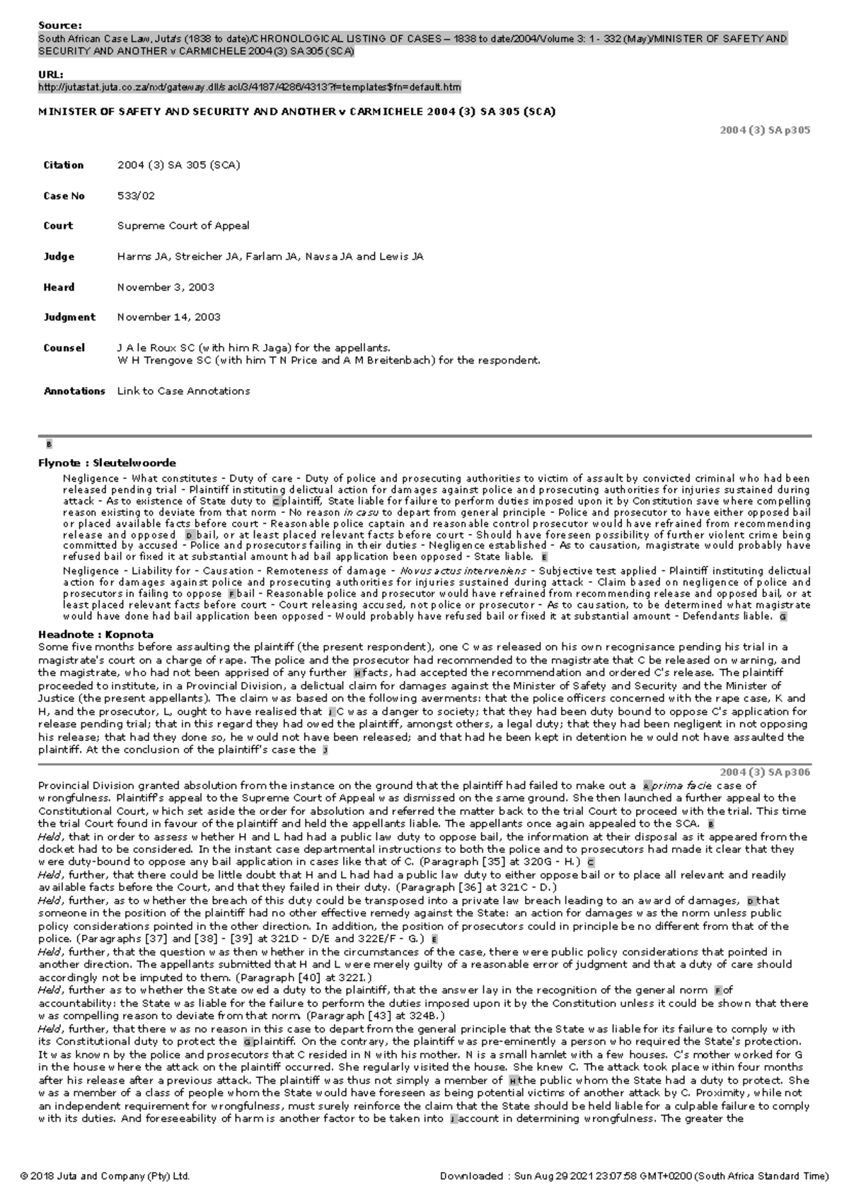 Minister OF Safety AND Security AND Another v Carmichele 2004 (3) SA