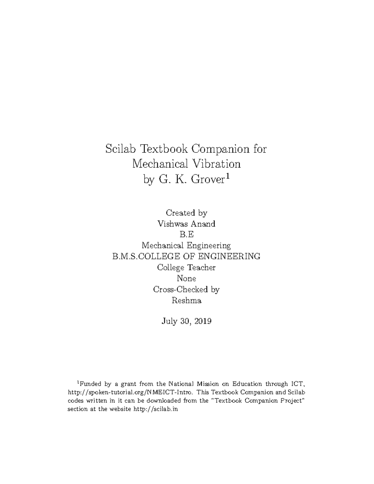 Scilab Examples Of Mechanical Vibration G K Grover Scilab Textbook Companion For Mechanical Studocu