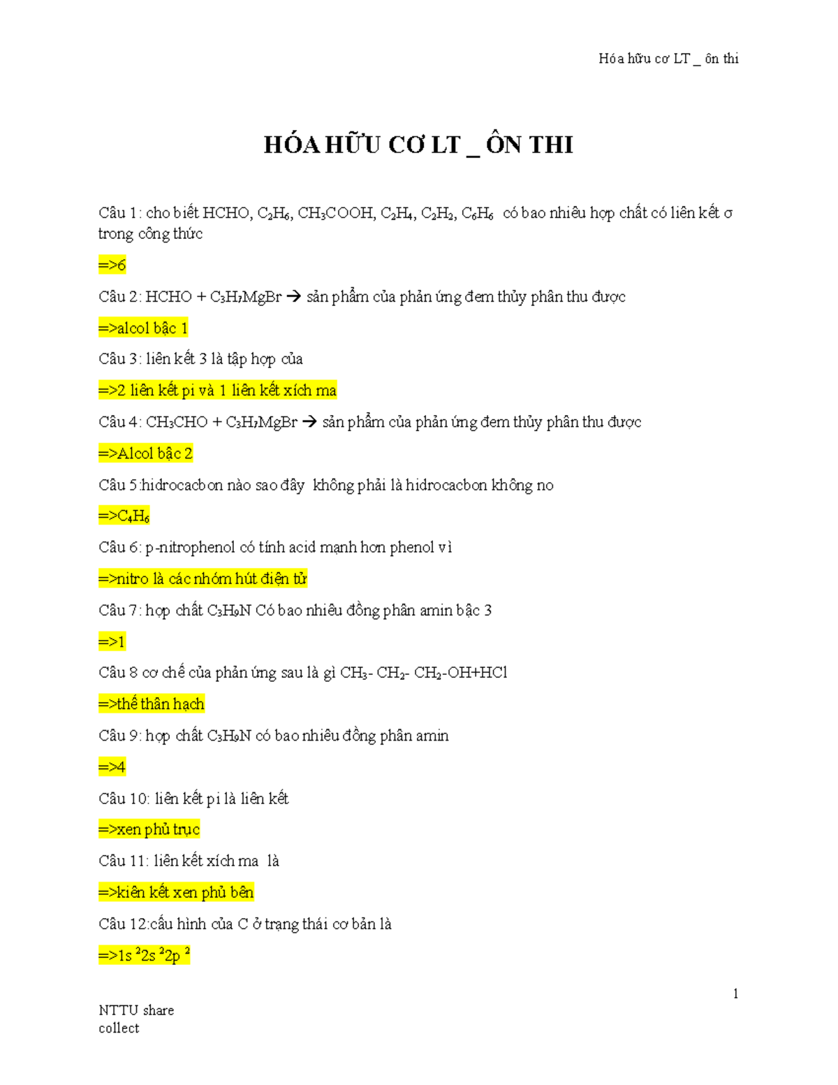 HHC- file - ffff - HÓA HỮU CƠ LT _ ÔN THI Câu 1: cho biết HCHO, C 2 H 6 ...