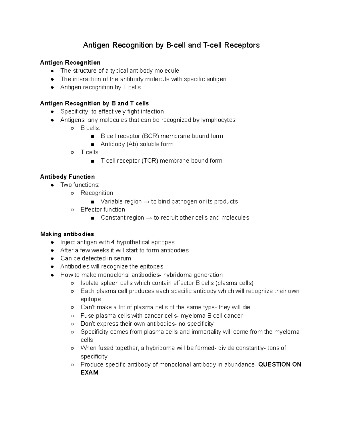 Immunology 2 28 - lecture notes - Antigen Recognition by B-cell and T ...