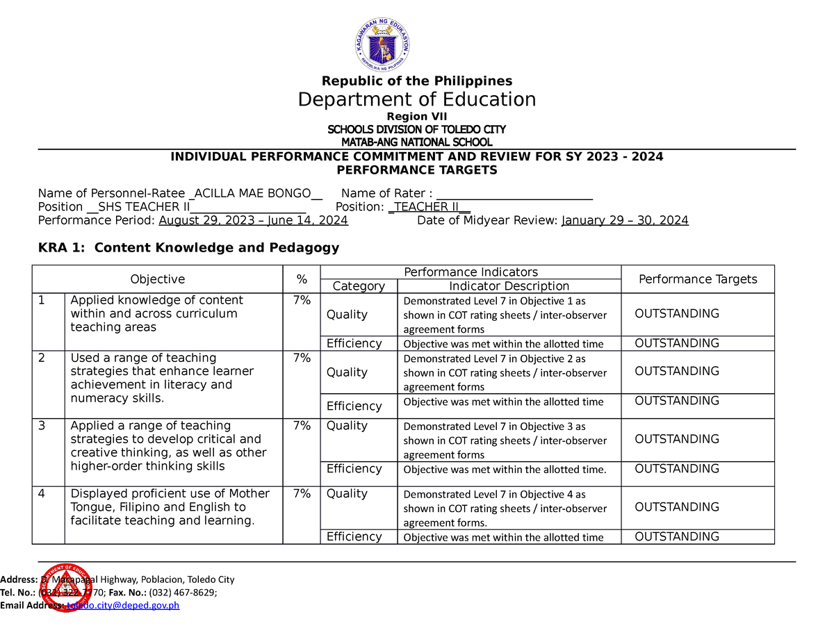 Performance Target School Personnel - Department of Education Region ...