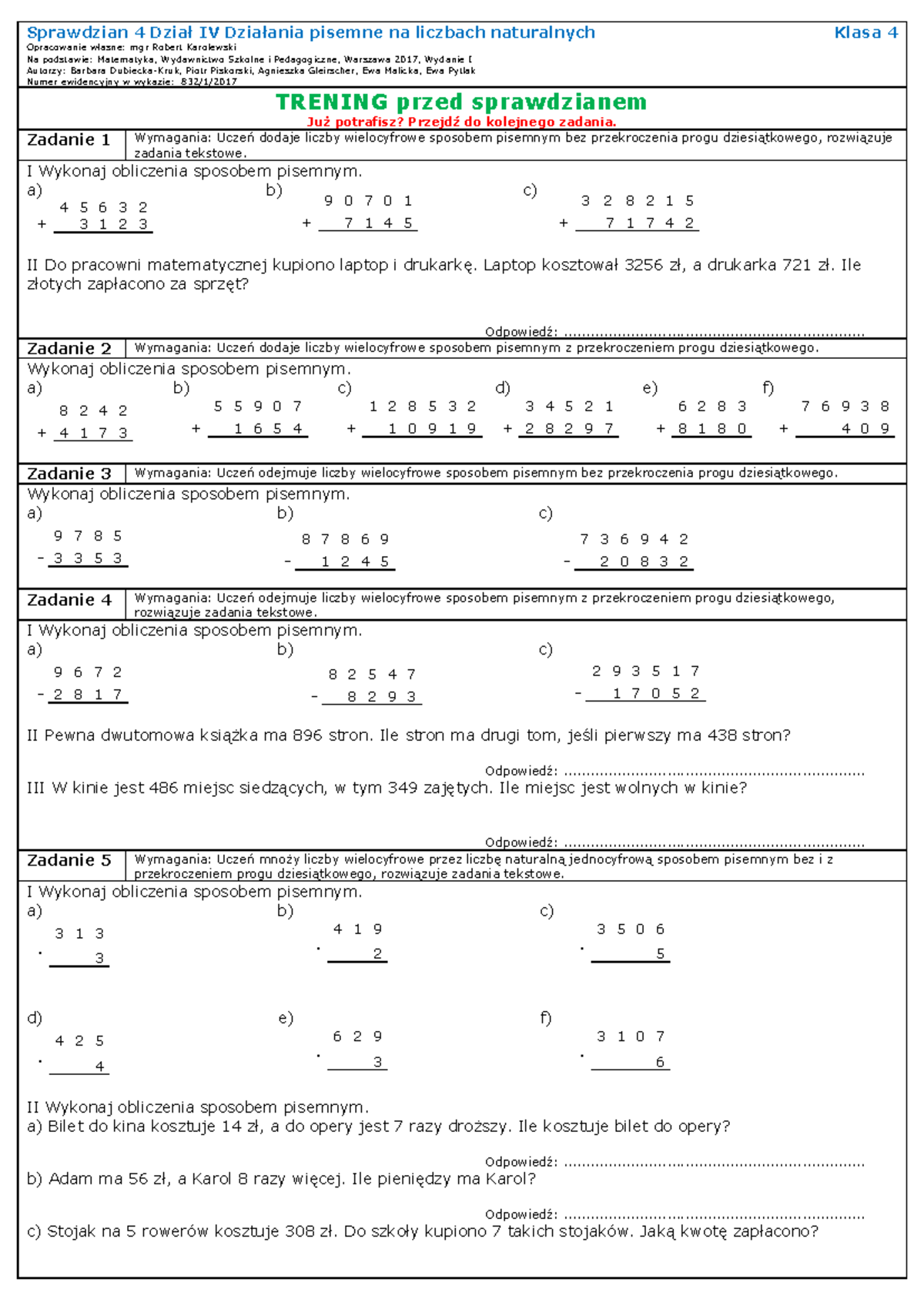 Liczby I Działania Kl 4 Sprawdzian www.studocu.com