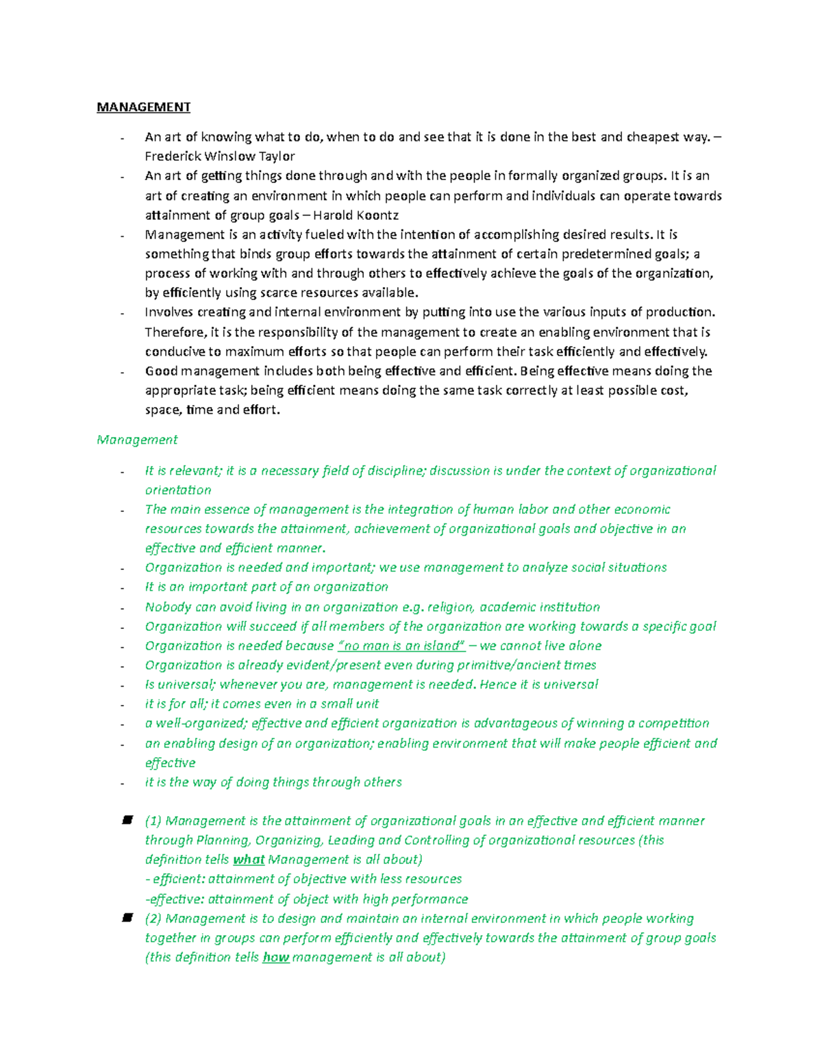 Notes - MGT 201 - MANAGEMENT An Art Of Knowing What To Do, When To Do ...