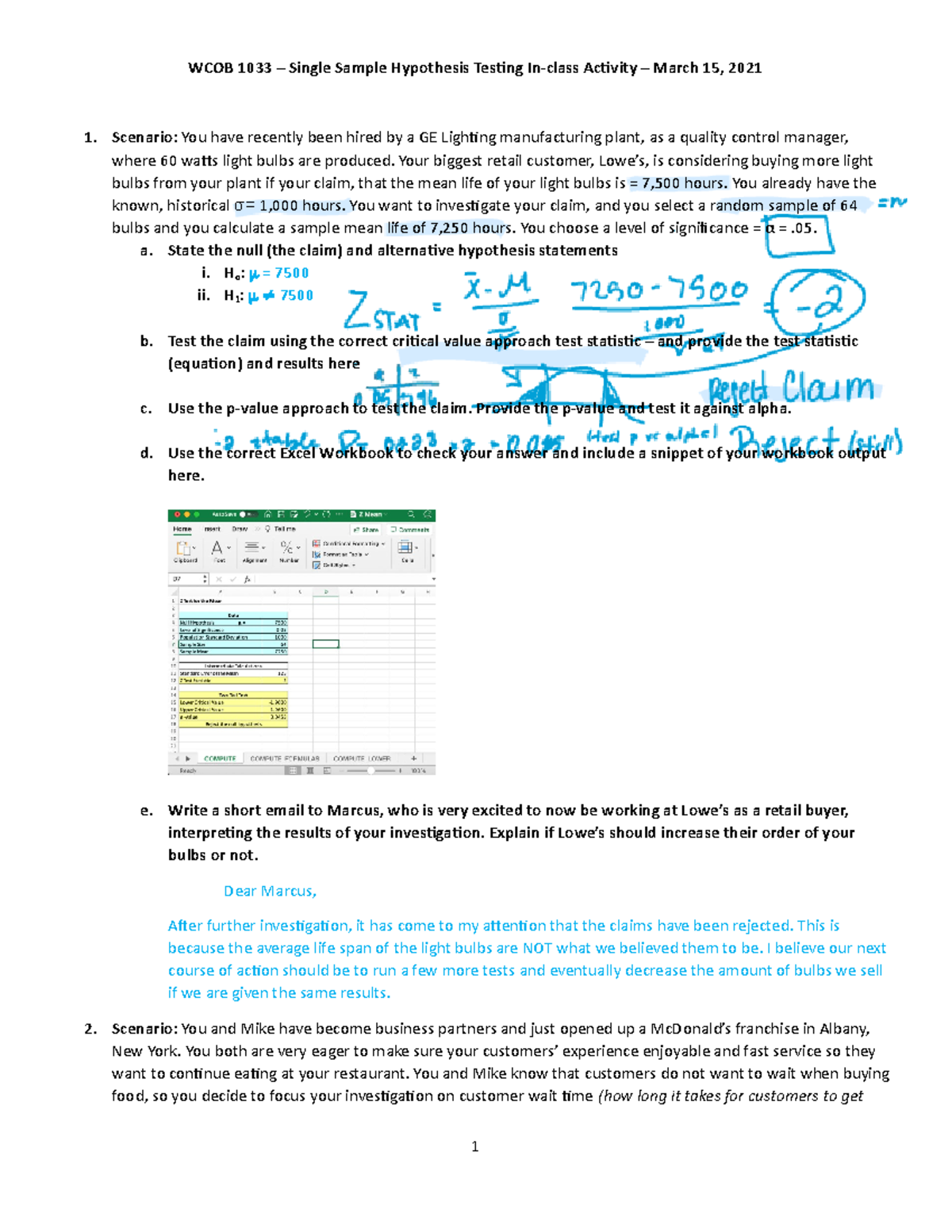 Single sample hypothesis testing practice in class activity march 15