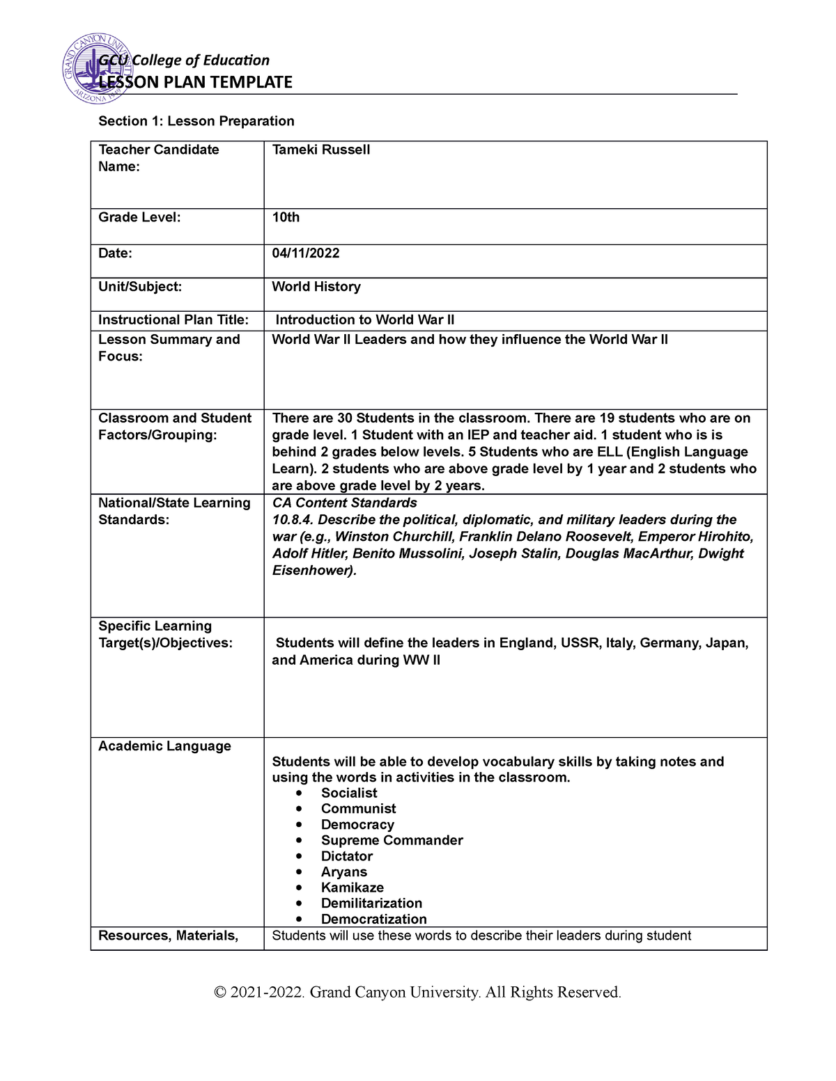 Lesson Plan 2 copy - LESSON PLAN TEMPLATE Section 1: Lesson Preparation ...