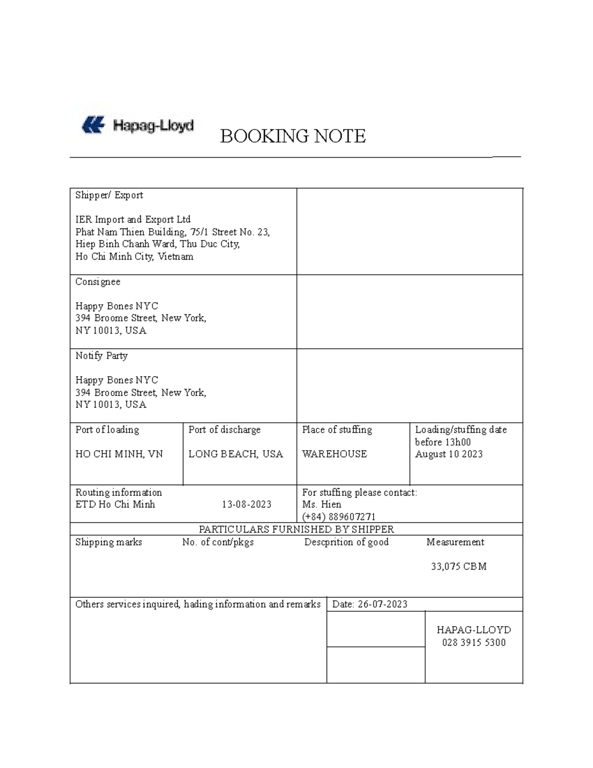 Booking NOTE - Boongking note - BOOKING NOTE Shipper/ Export IER Import ...