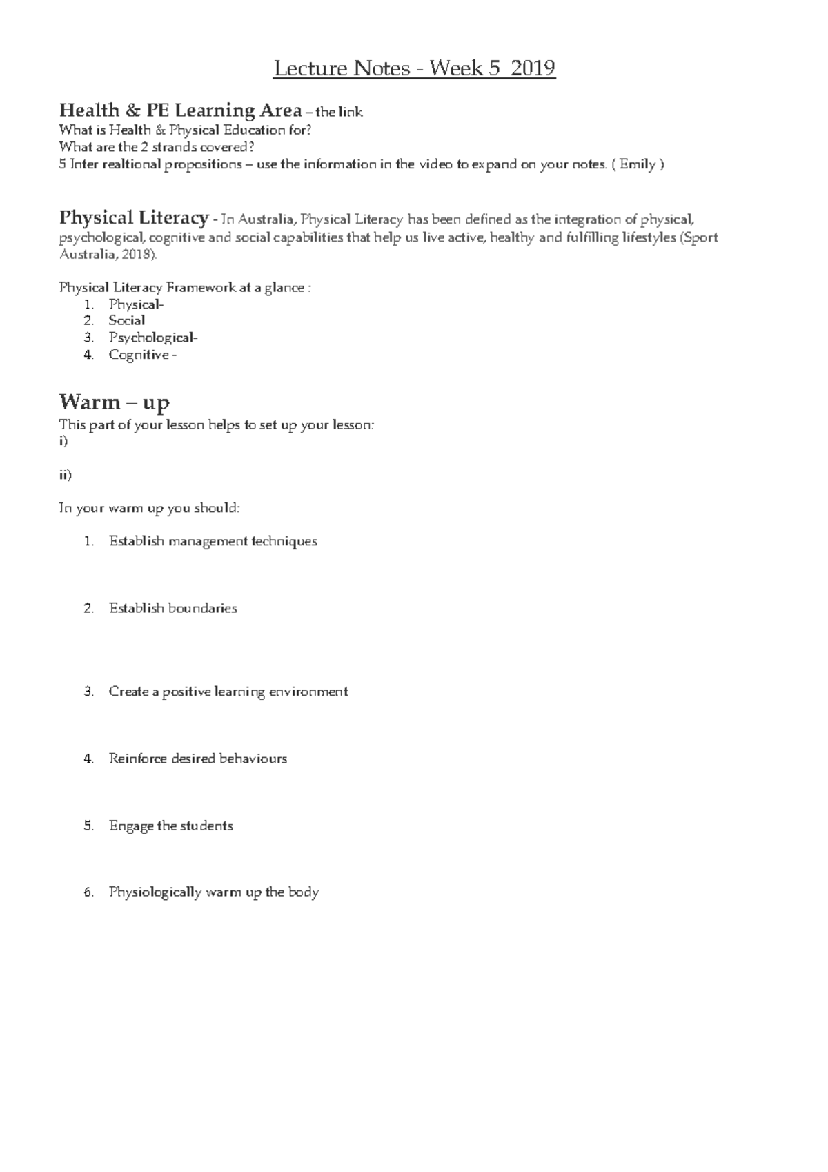 Lecture 1 Physical Education Notes - Lecture Notes - Week 5 2019 Health ...