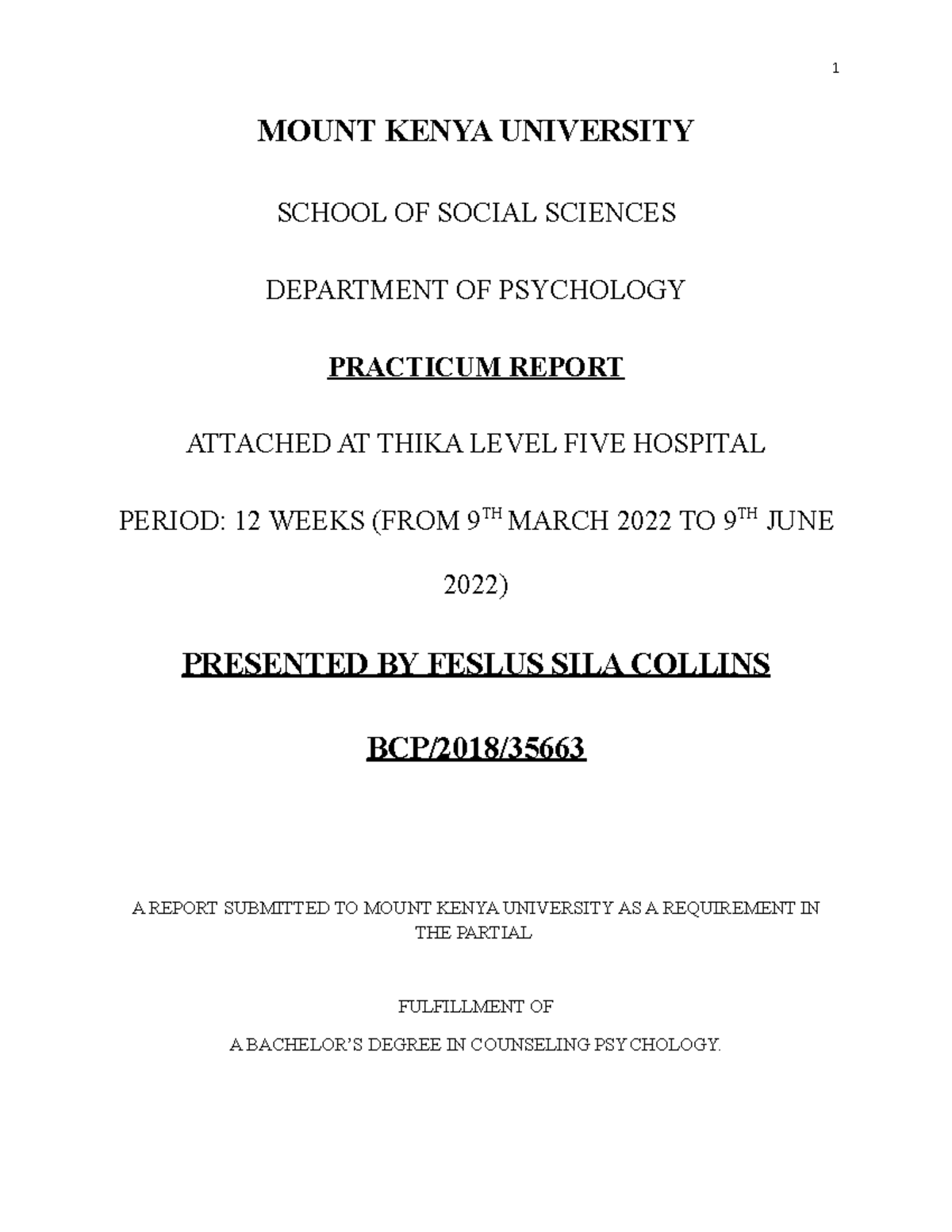 Practicum Report MOUNT KENYA UNIVERSITY SCHOOL OF SOCIAL SCIENCES
