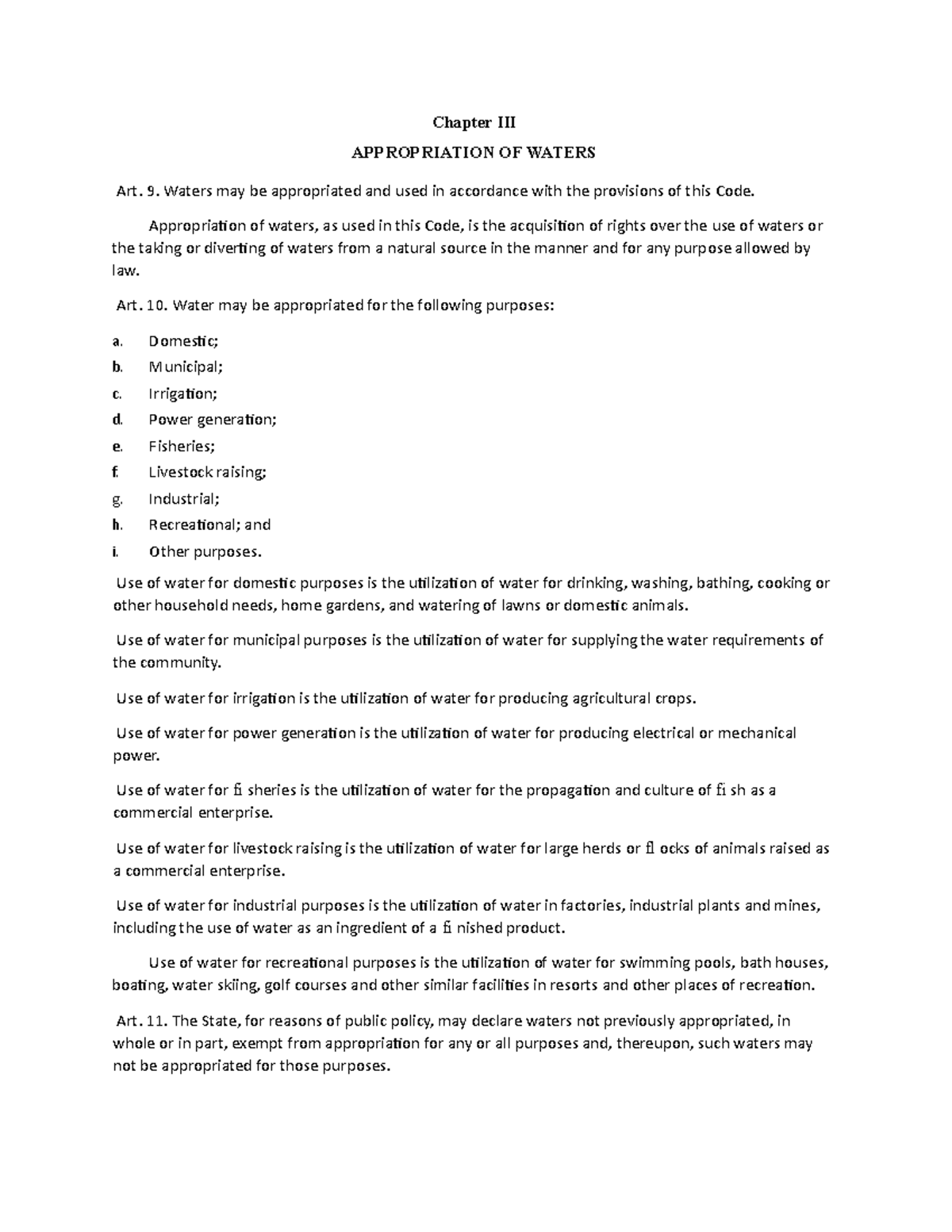 Property law m96 Chapter III APPROPRIATION OF WATERS Art. 9. Waters