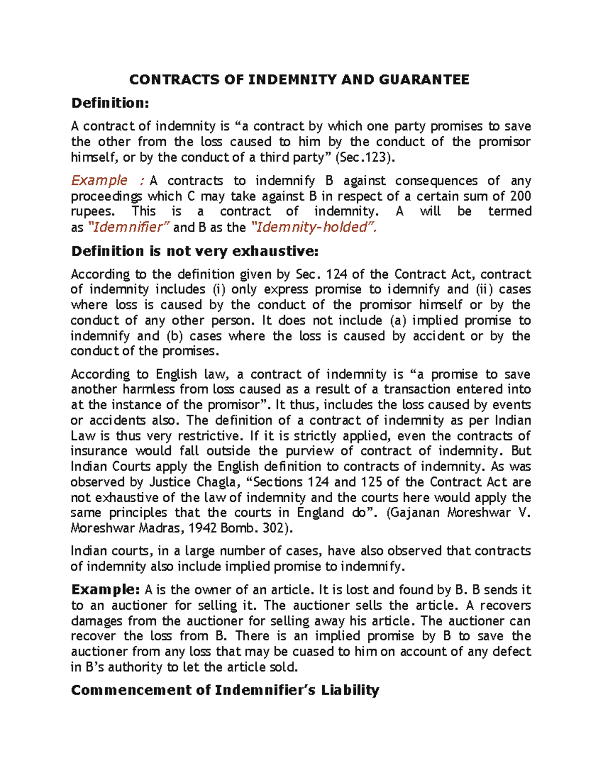 Indemnity Guarantee LEGAL WRITING DOCUMENTS CONTRACTS OF INDEMNITY