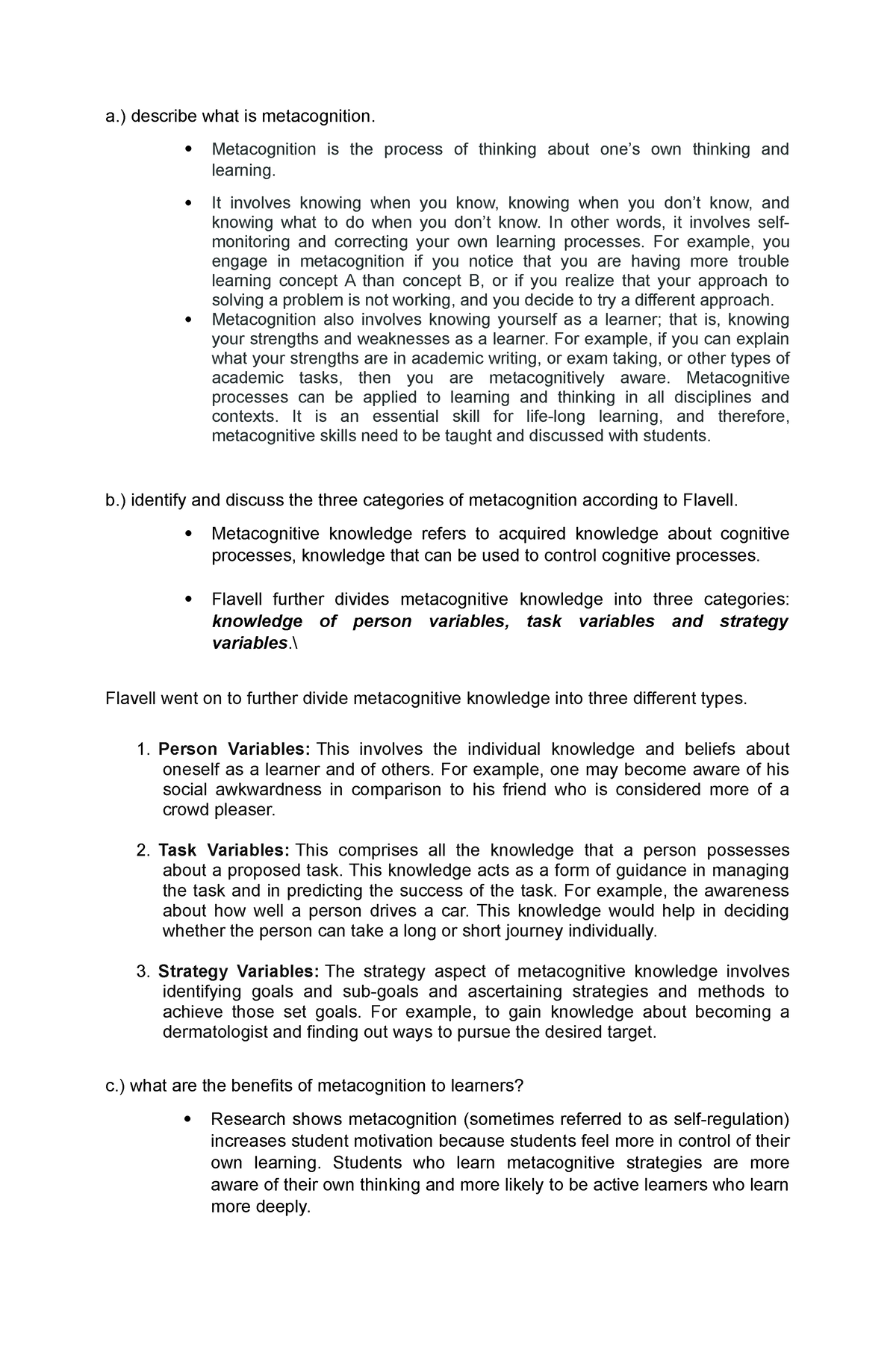 Metacognition EDUC126 - a.) describe what is metacognition ...