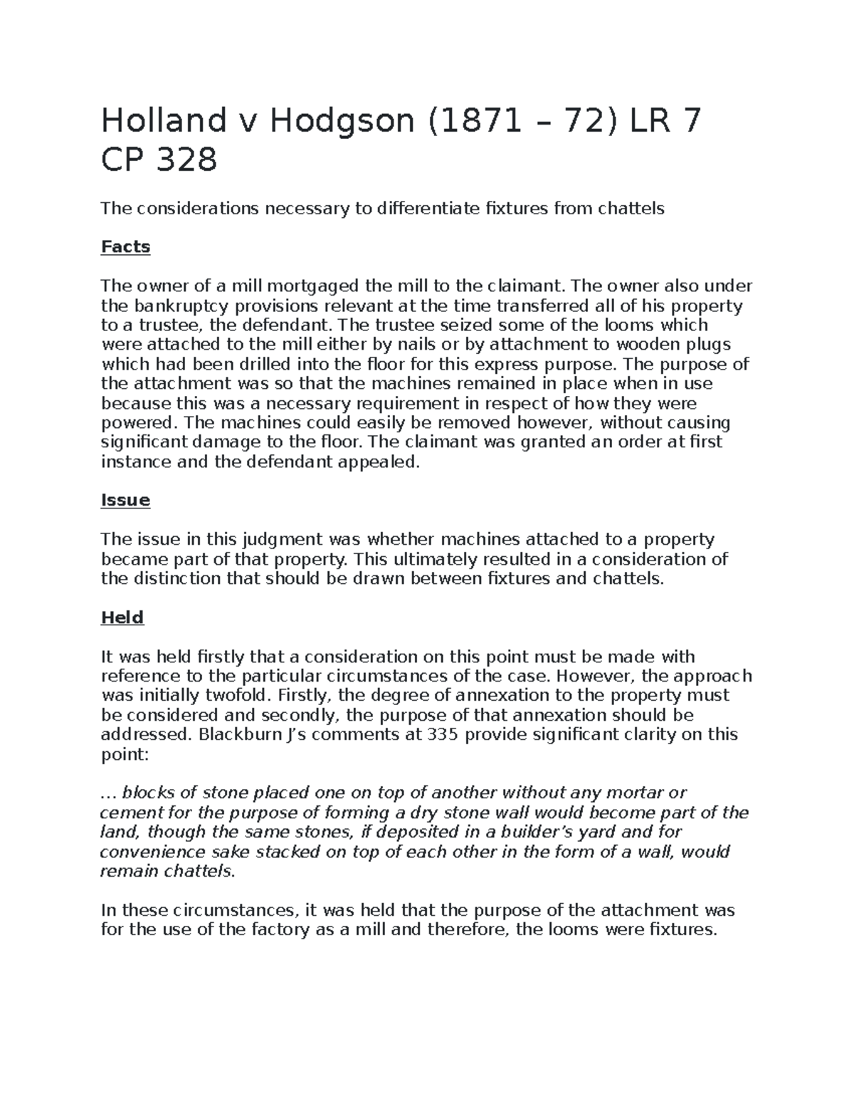 Holland v Hodgson men's rea Holland v Hodgson (1871 72) LR 7 CP
