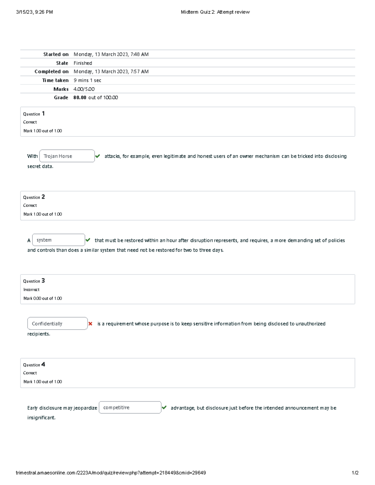 Midterm Quiz 2 Attempt review assurance - 3/15/23, 9:26 PM Midterm Quiz ...