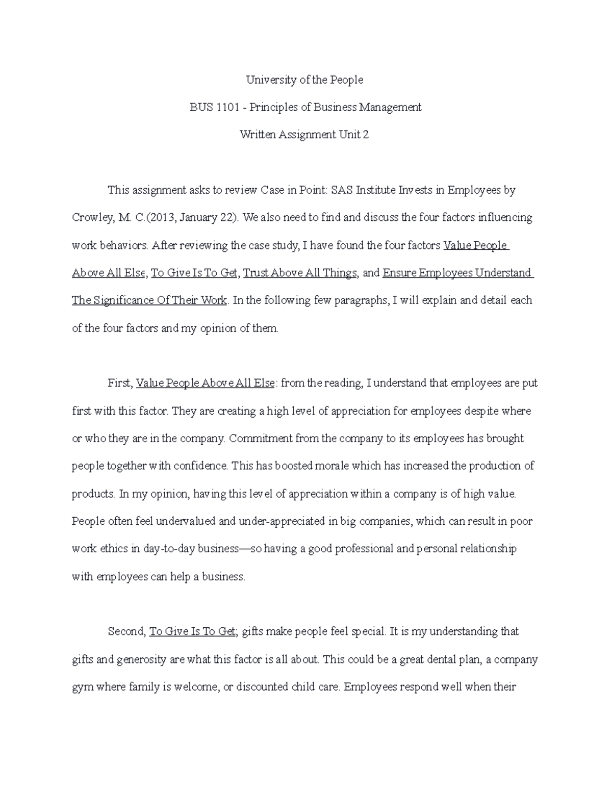 BUS 1101 Unit 2 WA - Unit 2 written assignment - University of the ...