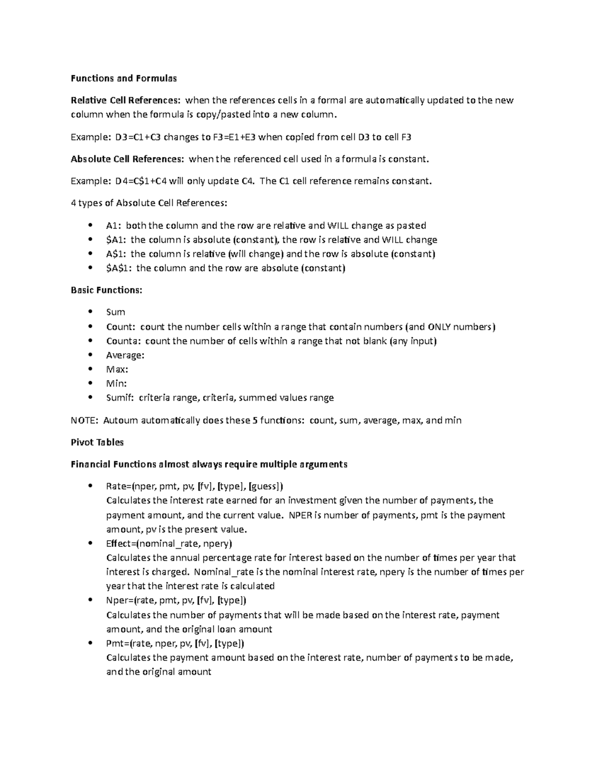 C268 - Intro to Spreadsheets Notes - Functions and Formulas Relative ...