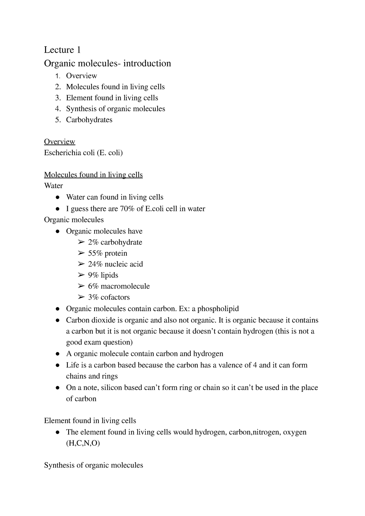 Biology 107 Study Notes - Lecture 1 Organic Molecules- Introduction ...