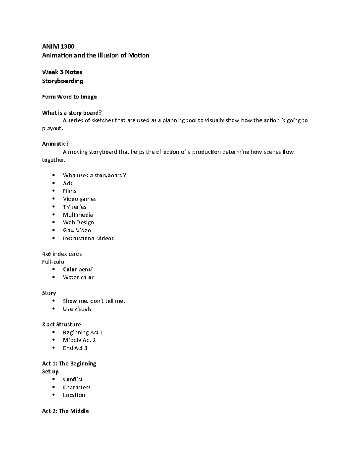 ANIM 1300 week 3 - Lecture notes 2 - ANIM 1300 Animation and the ...