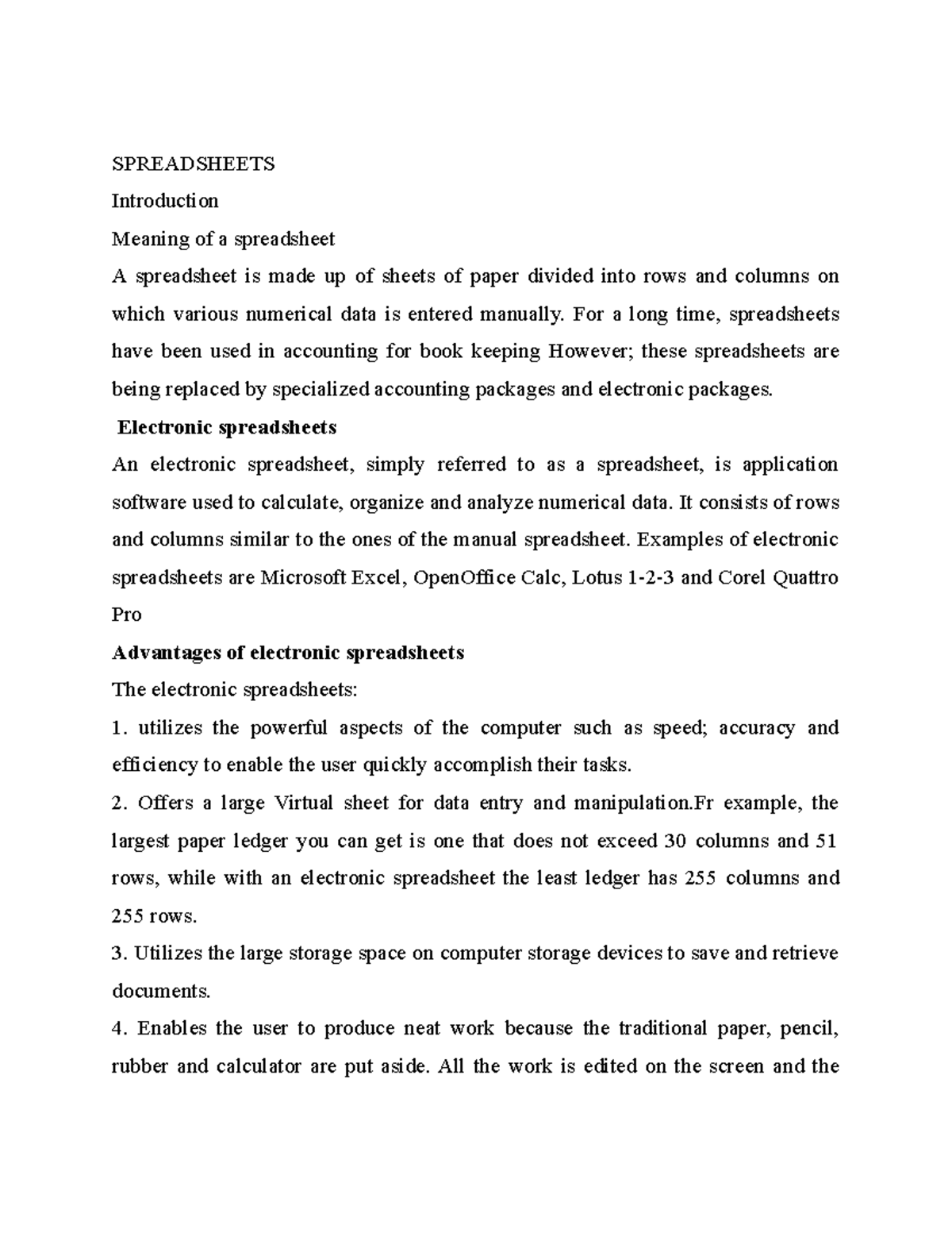 Spreadsheets notes SPREADSHEETS Introduction Meaning of a spreadsheet