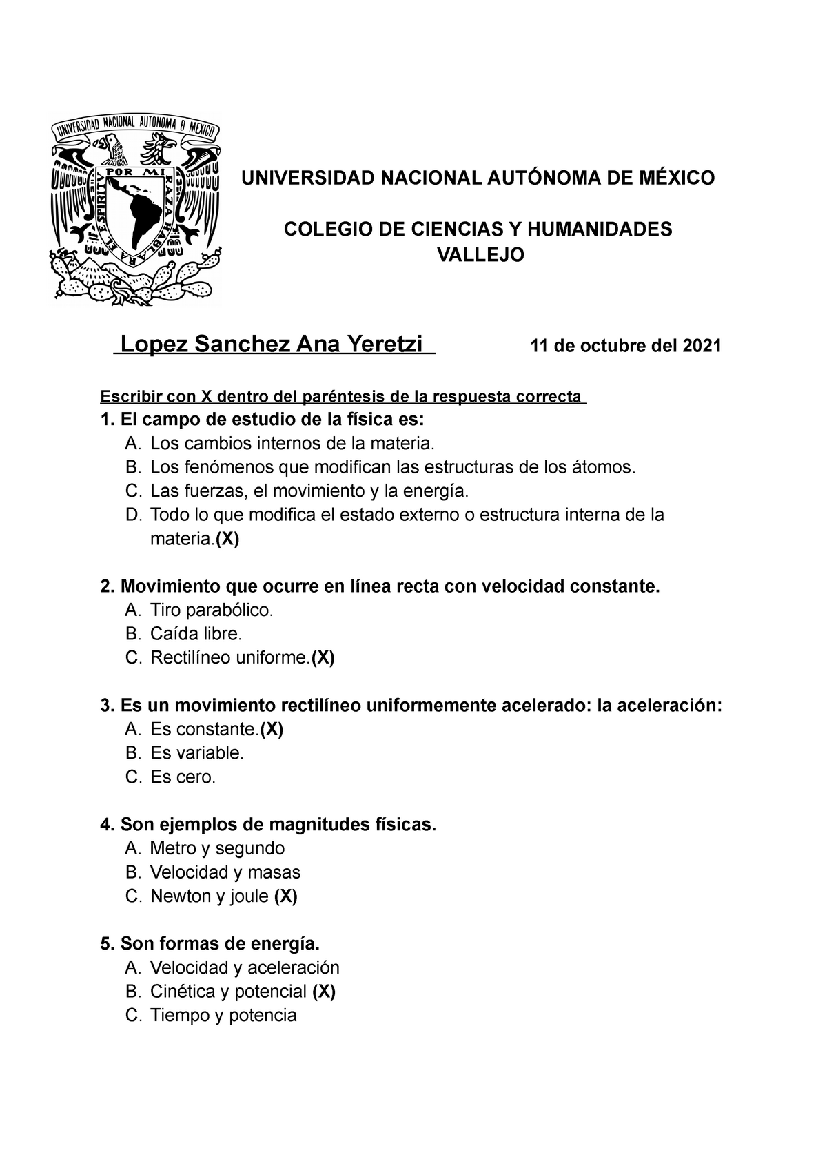 Examen Fisica 1 Tercer Semestre Cch Vallejo Universidad Nacional AutÓnoma De MÉxico Colegio De 5793