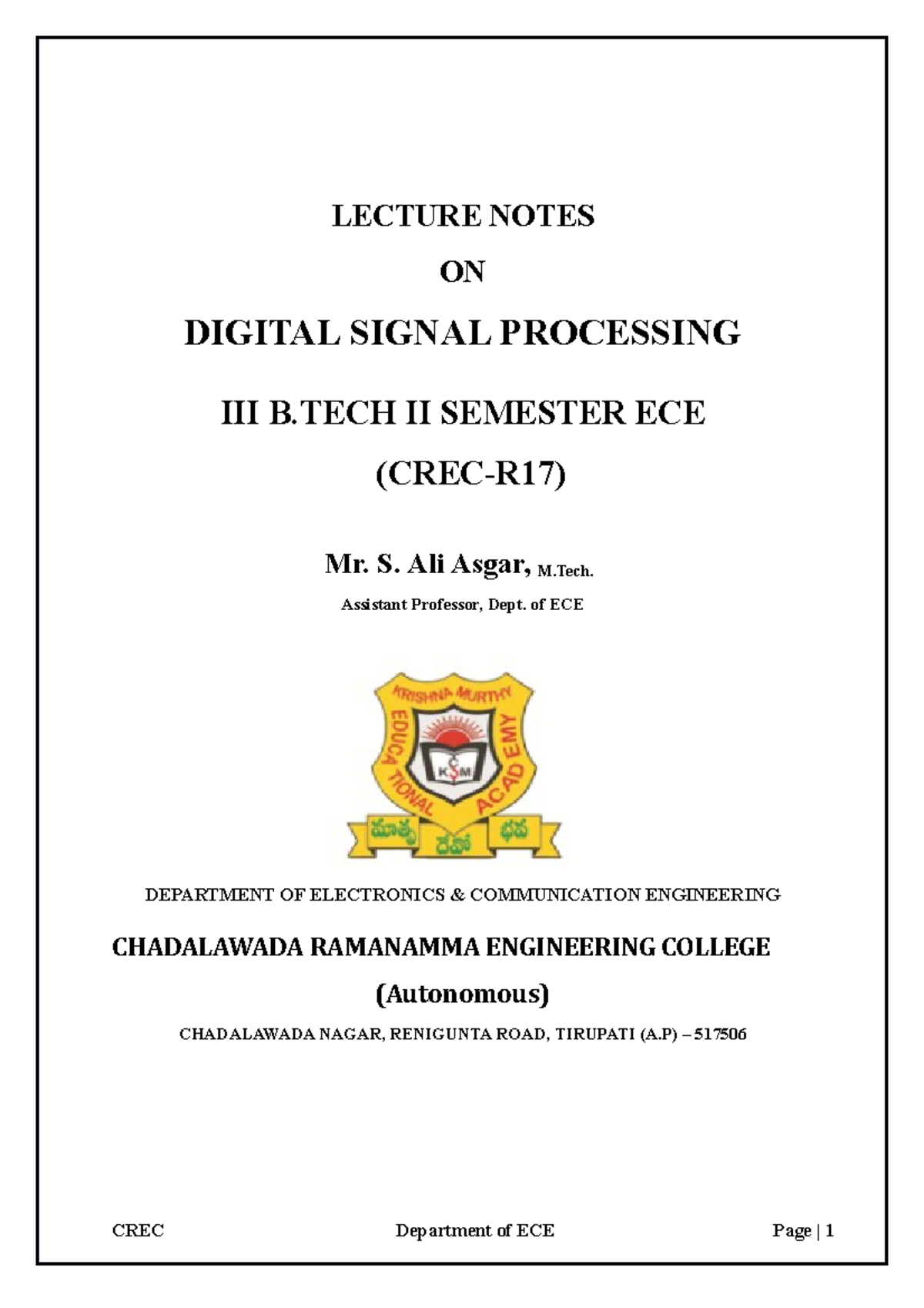 9. Lecture Notes - gdfghedheth - LECTURE NOTES ON DIGITAL SIGNAL ...