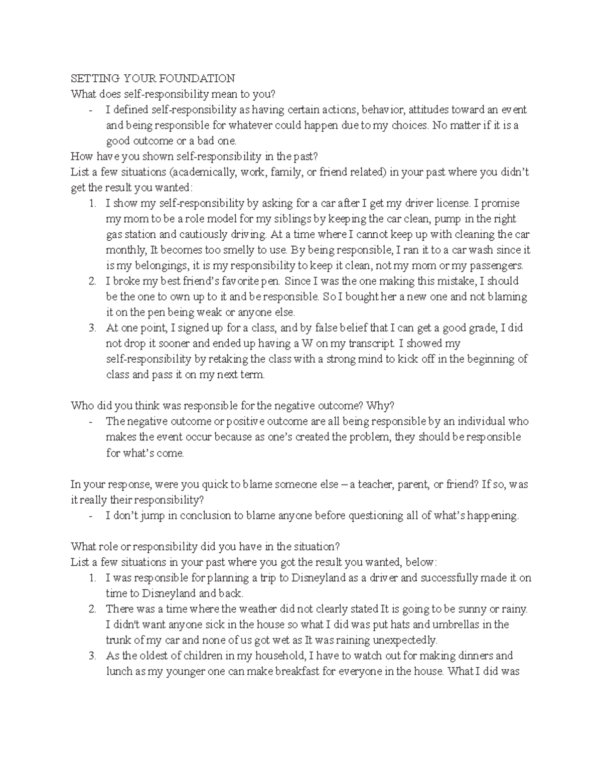 Personal worksheet - SETTING YOUR FOUNDATION What does self ...