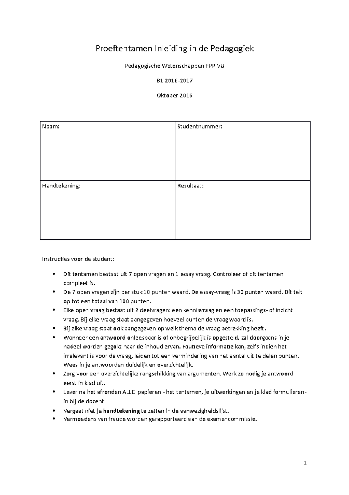 Proef/oefen Tentamen 2016, Vragen En Antwoorden - Proeftentamen ...