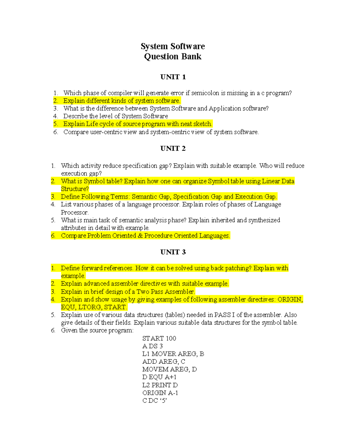 SS QB System Software Question Bank UNIT 1 1. Which phase of compiler