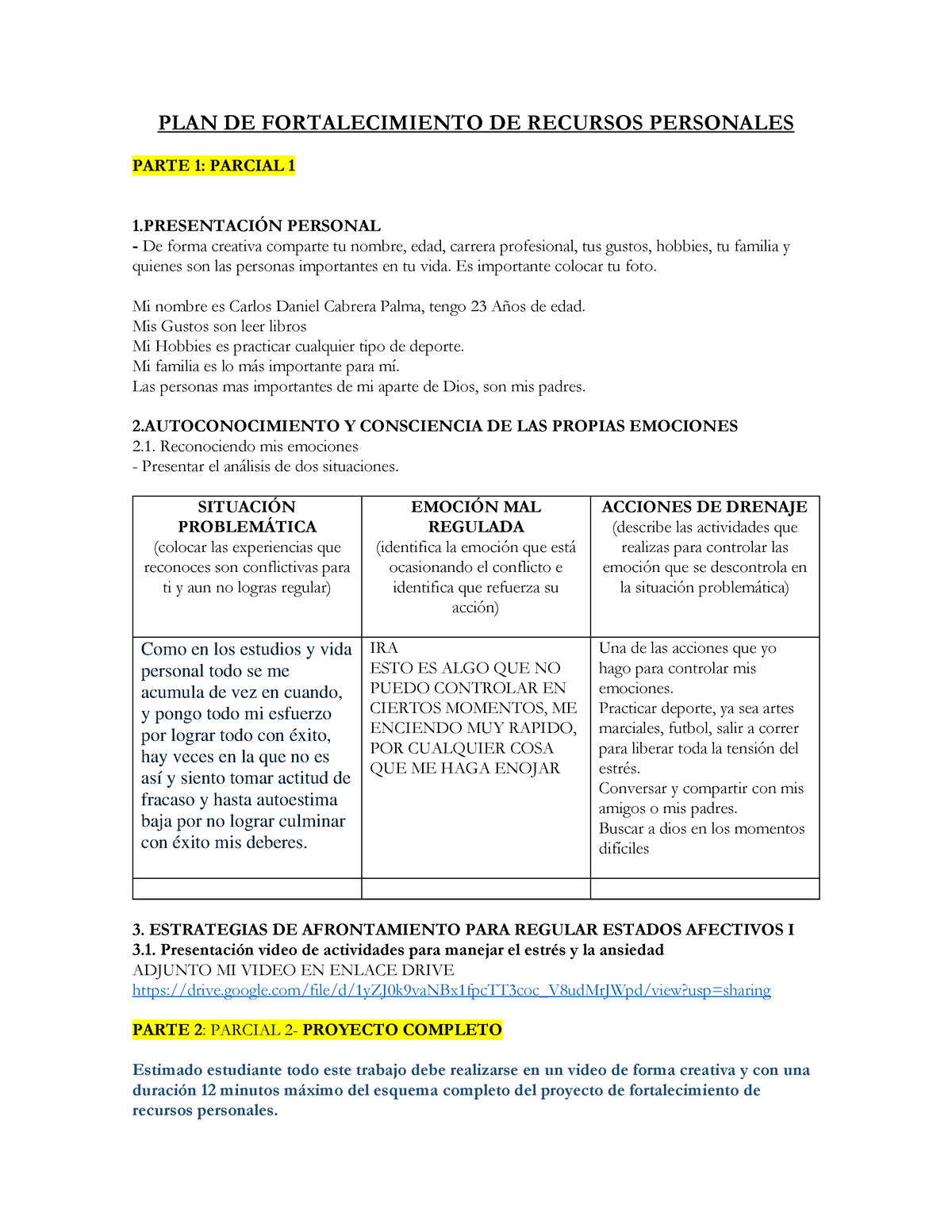 Examen Final Tutoria Plan De Fortalecimiento De Recursos Personales