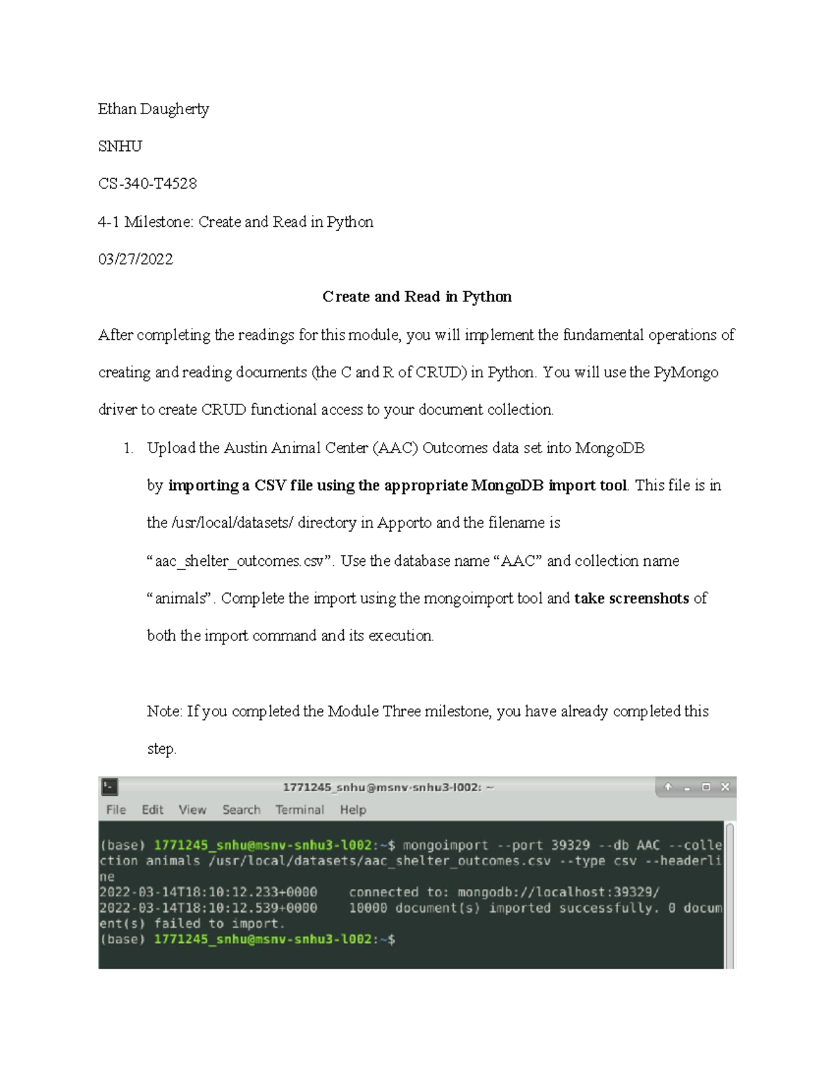 Ed - CS340 - 4-1 Milestone Create and Read in Python - Ethan Daugherty ...