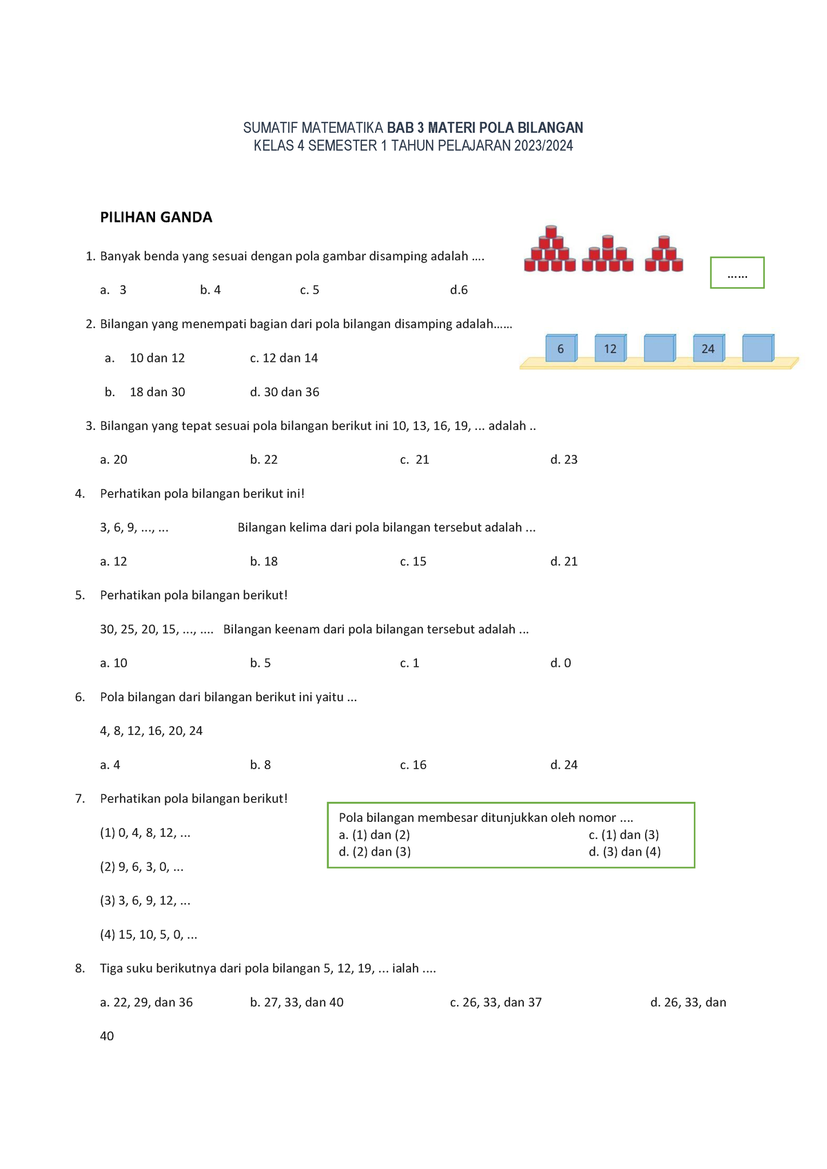 Sumatif Matematika BAB 3 Materi POLA Bilangan Kelas 4 - Pola Bilangan ...