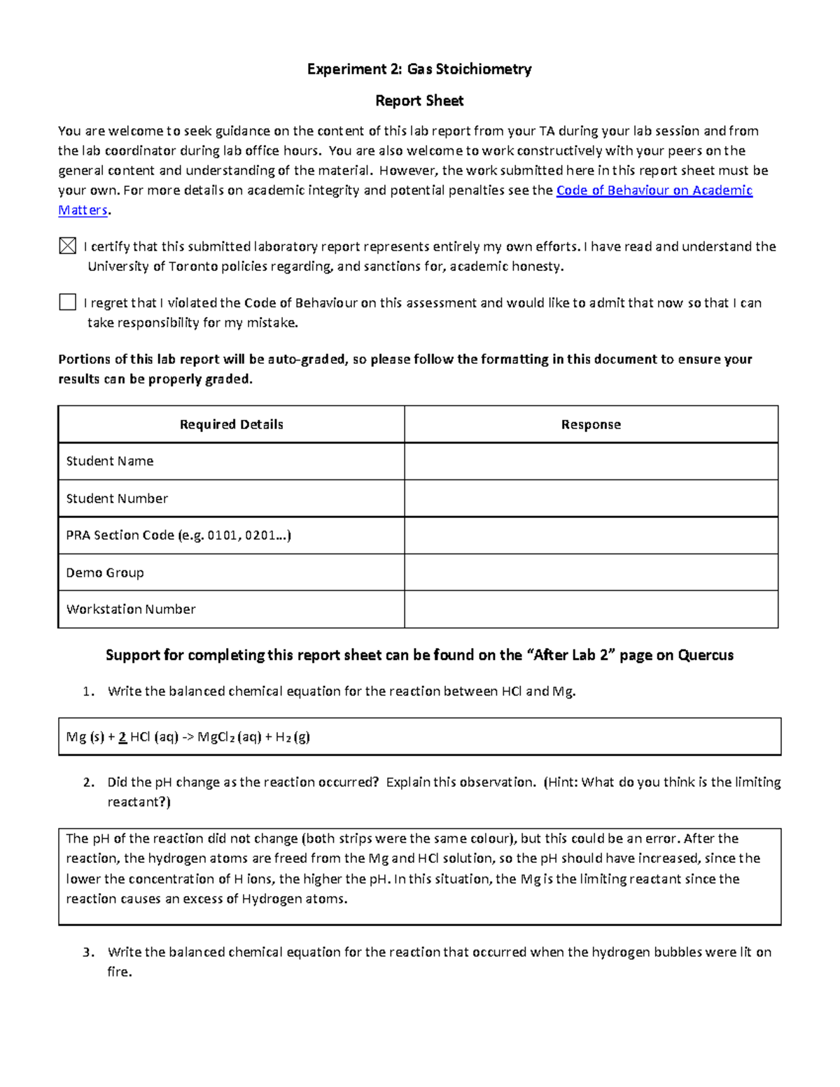 CHM135 Lab 2 Report Sheet - Experiment 2 : Gas Stoichiometry Report ...