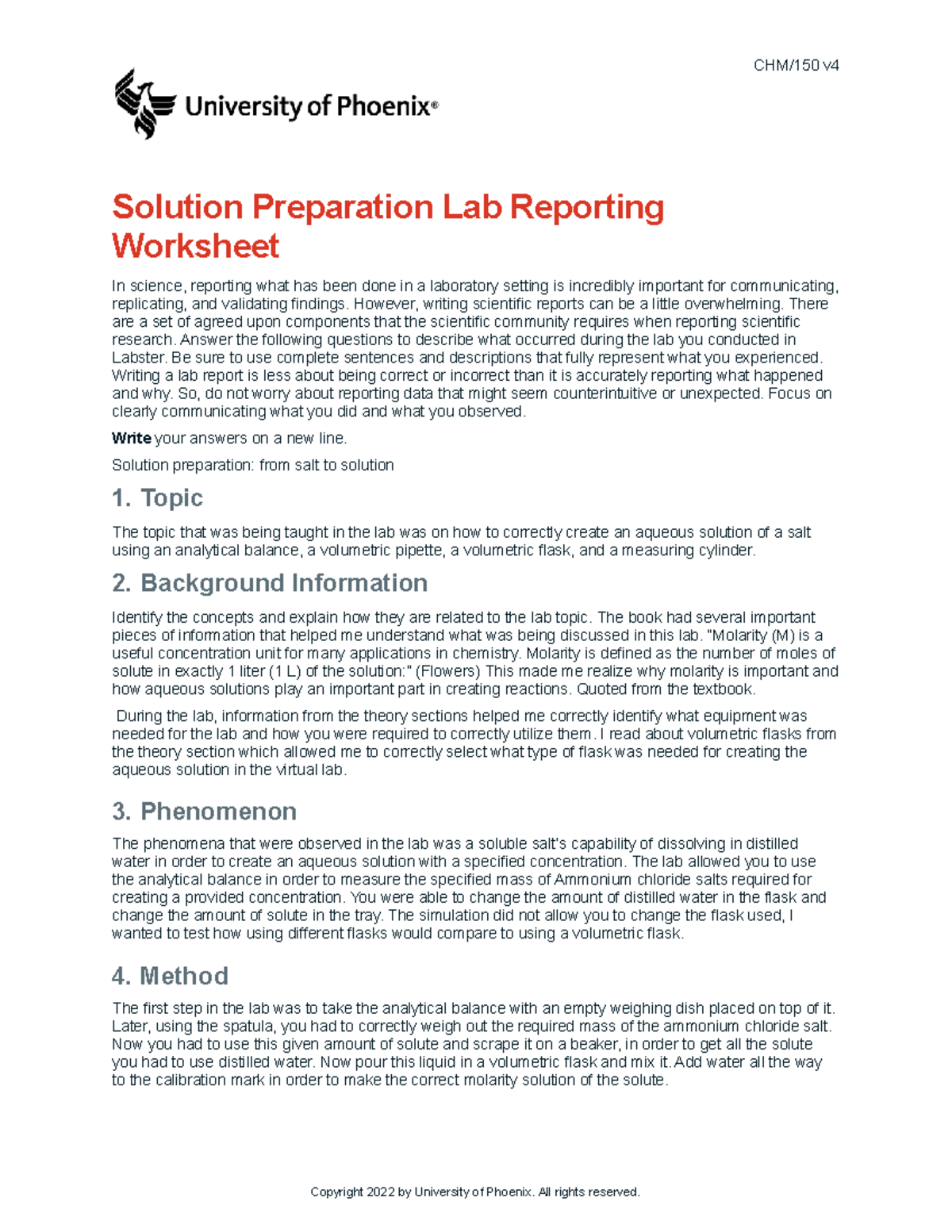 Chm150 v4 wk5 labster worksheet CHM/150 v Solution Preparation Lab