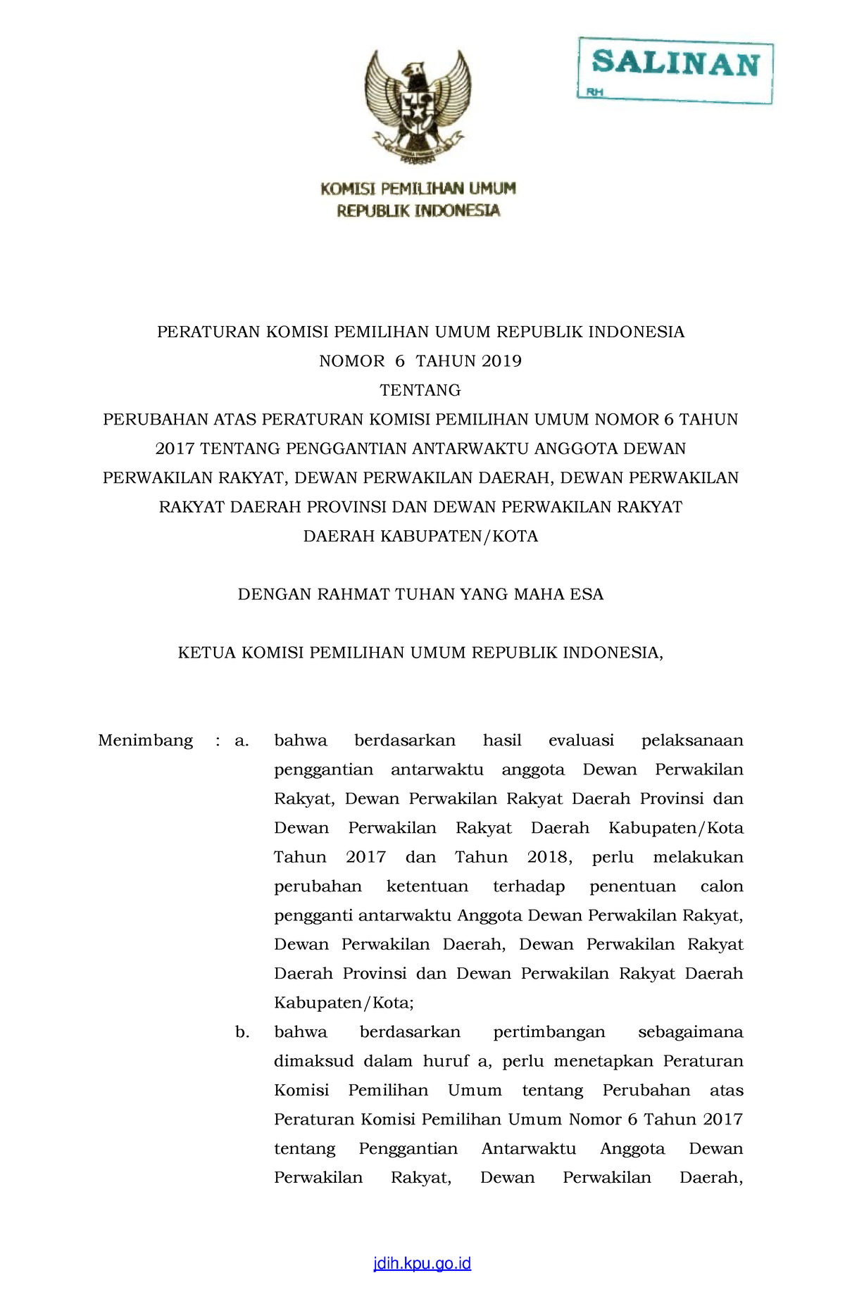 PKPU 6 THN 2019 - None - PERATURAN KOMISI PEMILIHAN UMUM REPUBLIK ...