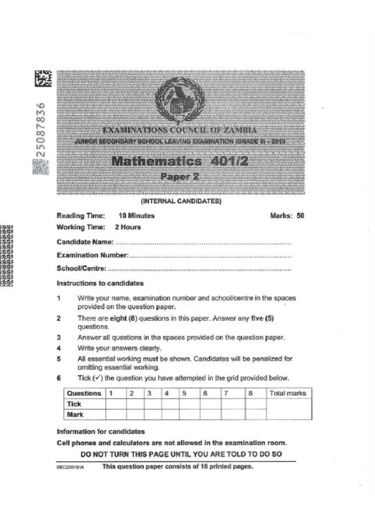 G9 Maths P2 2019 - Best for practical - EXAMINATIONS COUNCIL OF ZAMBIA ...