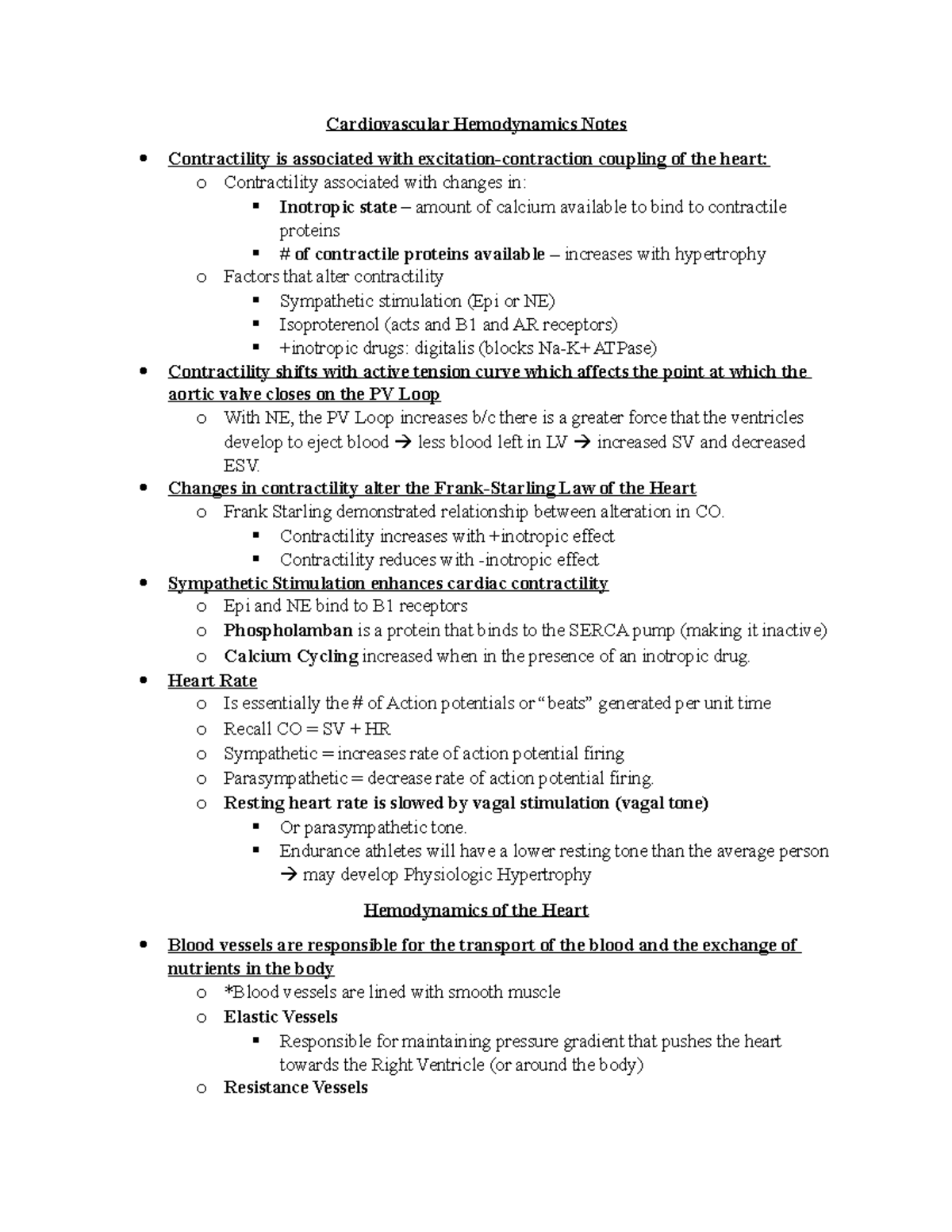 Cardiovascular Hemodynamics Notes - Changes in contractility alter the ...