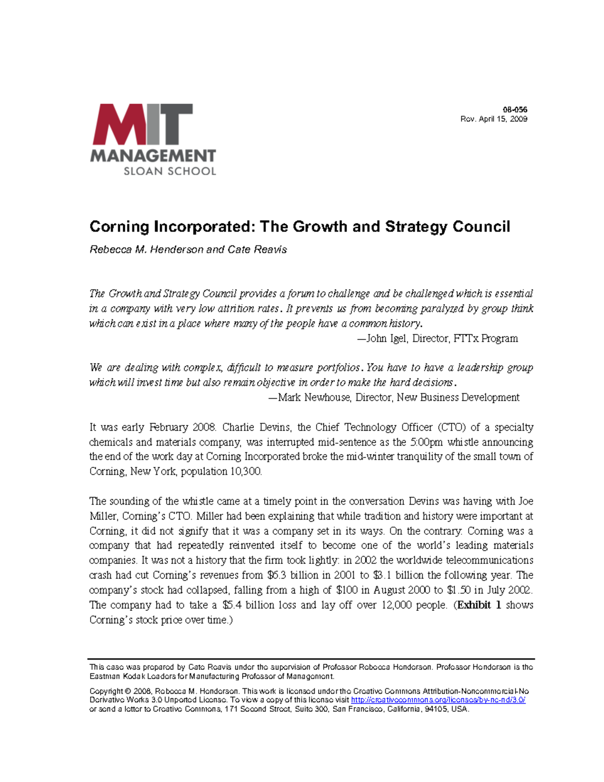Corning Inc case This case was prepared by Cate Reavis under the