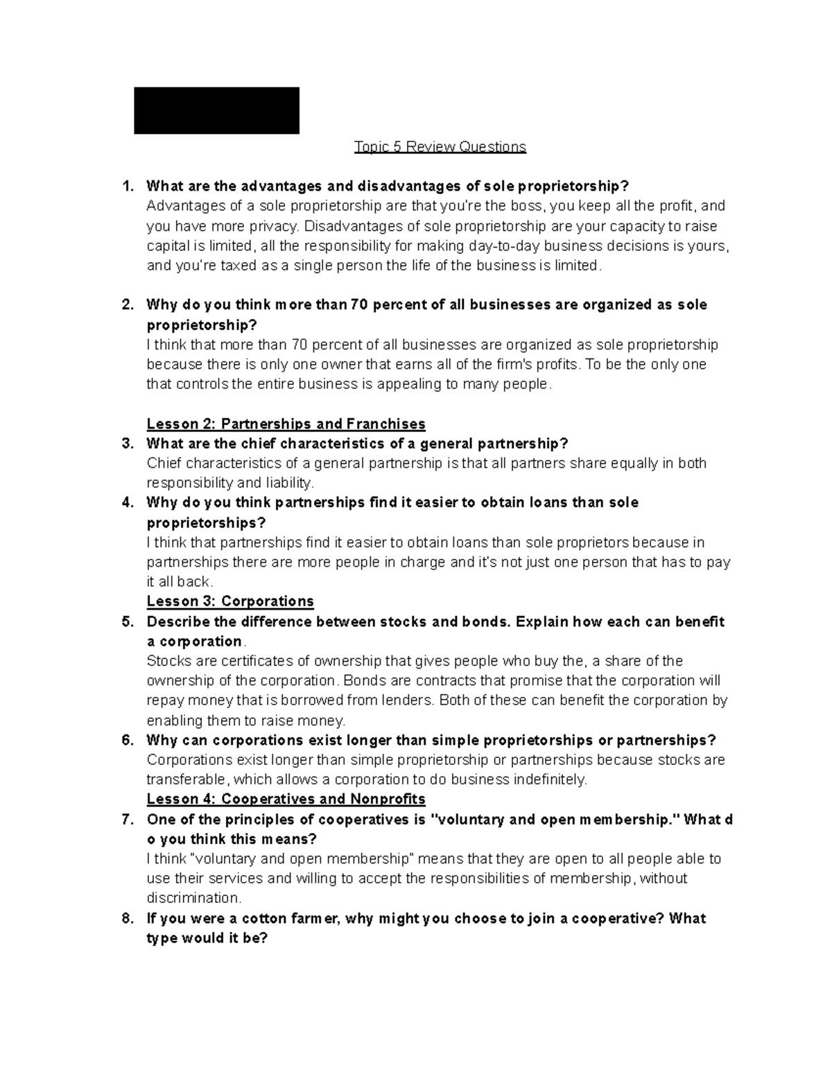 Topic 5 Review Questions Oscar Recinos Period 1 Topic 5 Review