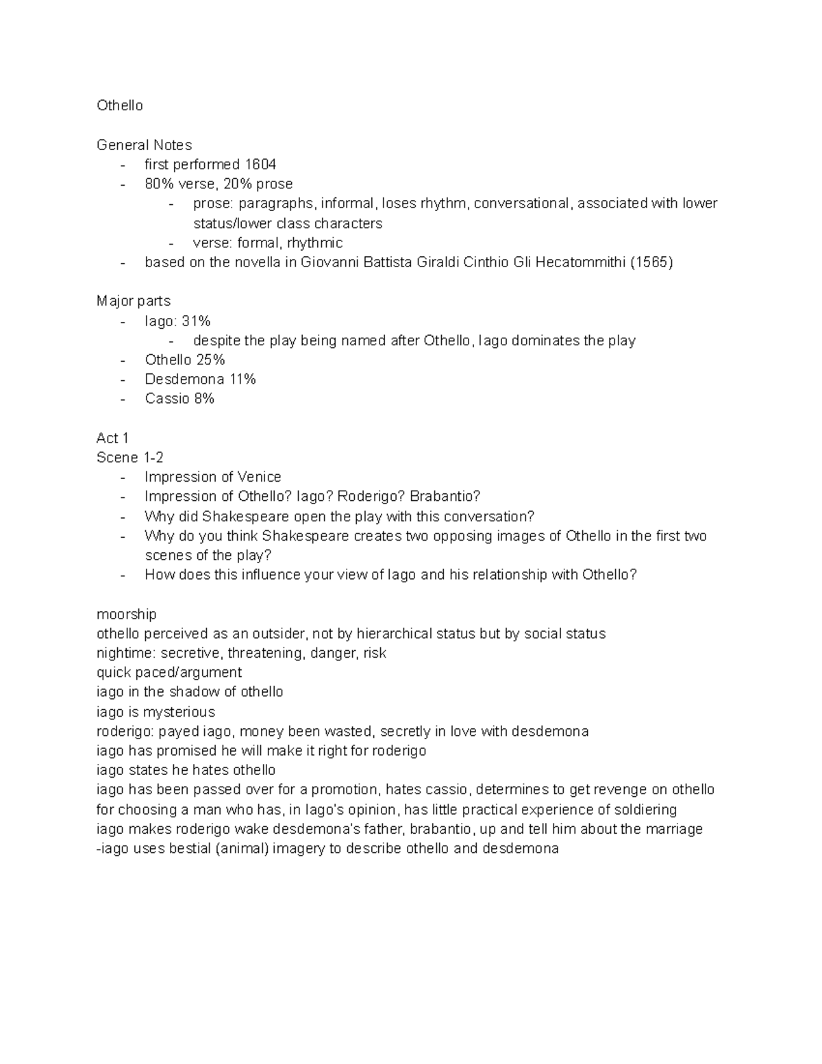 Othello rough notes - Othello General Notes - first performed 1604 - 80 ...